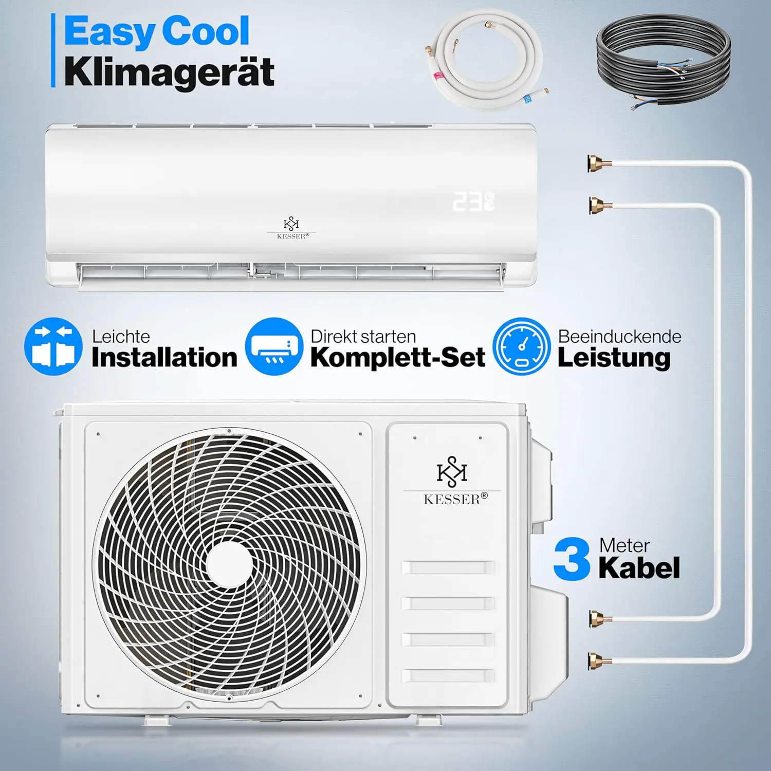 KESSER® Klimaanlage Set Split, WiFi/App Funktion Klimagerät, Kühlen A++/Heizen A+, 9000 BTU/h (2.600W) sehr leise, Kältemittel R32, Fernbedienung, Timerfunktion, Montagematerial, Weiß vue 2