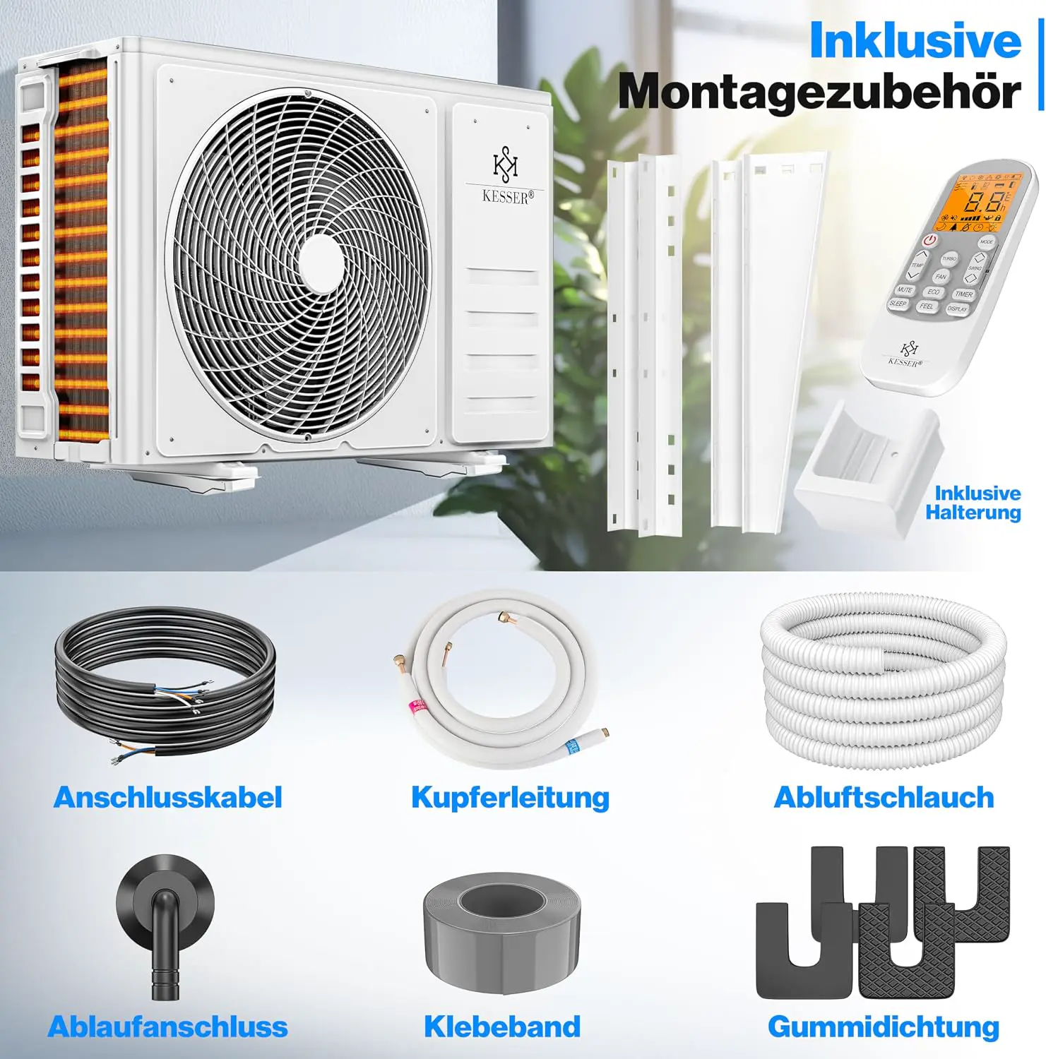 KESSER® Klimaanlage Set Split, WiFi/App Funktion Klimagerät, Kühlen A++/Heizen A+, 9000 BTU/h (2.600W) sehr leise, Kältemittel R32, Fernbedienung, Timerfunktion, Montagematerial, Weiß vue 5