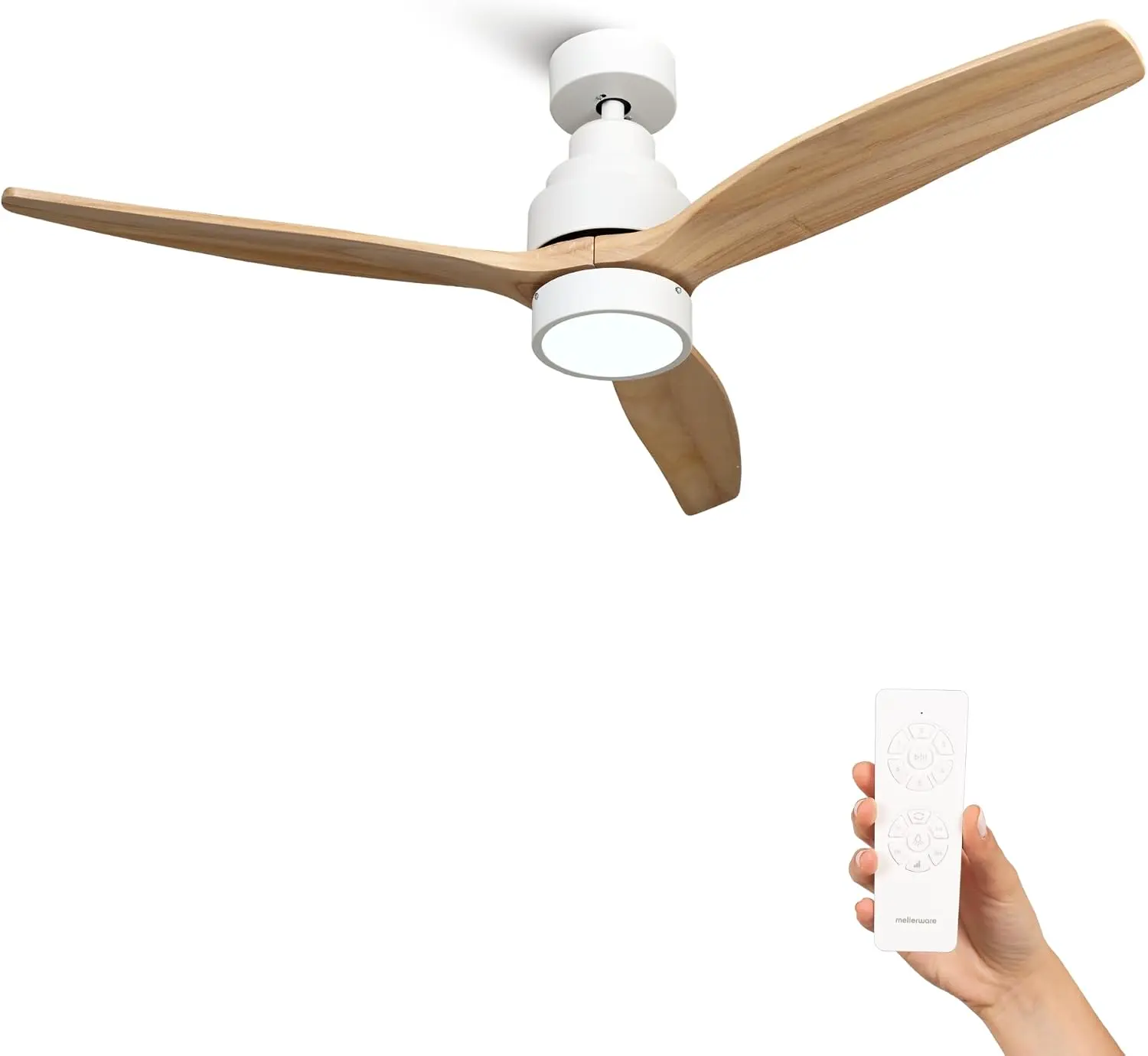 Mellerware - Deckenventilator mit Fernbedienung Brizy Bright | 45 W | 6 Geschwindigkeiten | Ultra leise | 3 Flügel 132 Durchmesser | Sommer-Winter-Funktion | Timer | LED | Lightwood vue 1