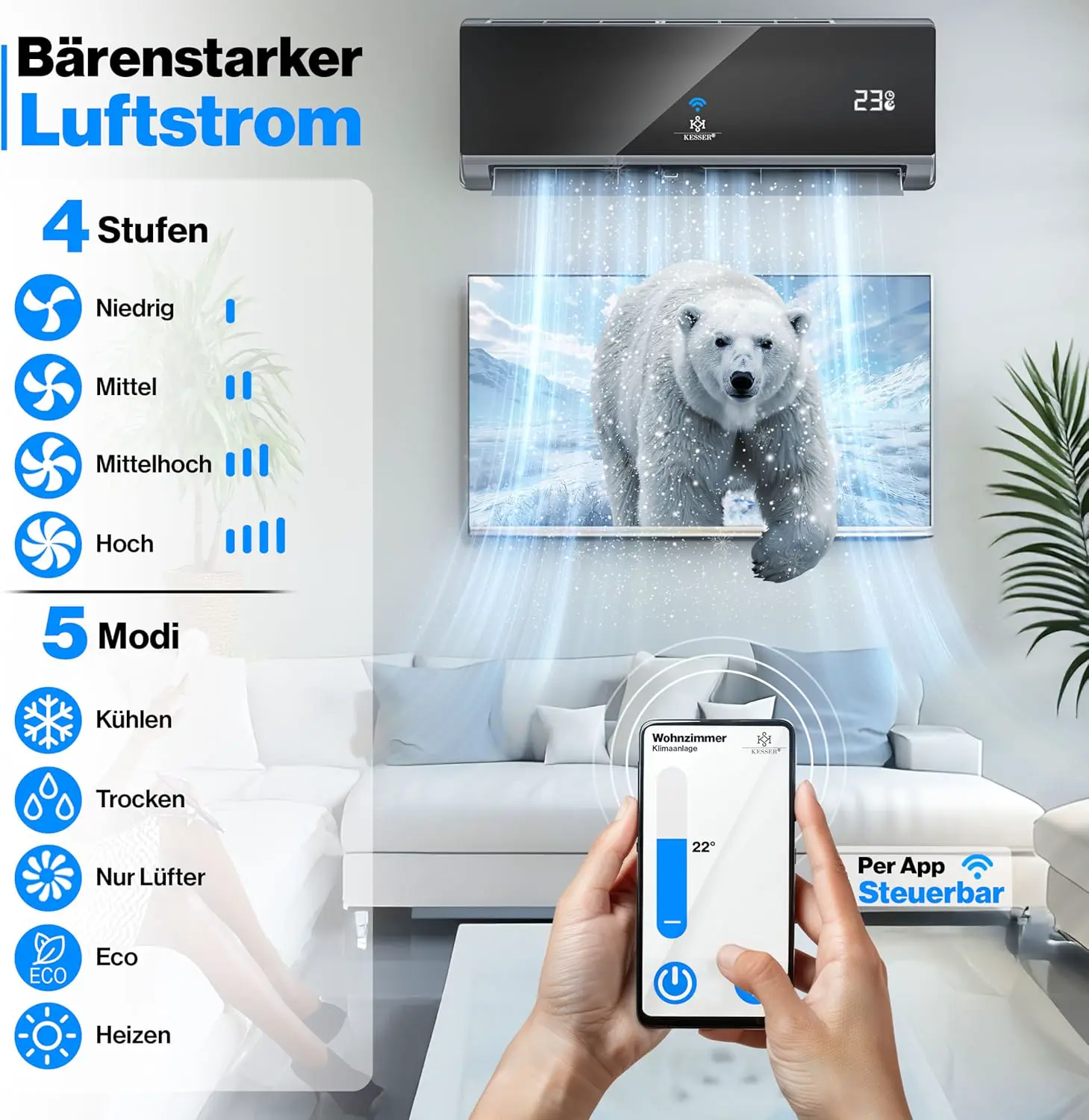 KESSER® Klimaanlage Set Split, WiFi/App Funktion Klimagerät, Kühlen A++/Heizen A+, 9000 BTU/h (2.600W) sehr leise, Kältemittel R32, Fernbedienung, Timerfunktion, Montagematerial, Anthrazit vue 7