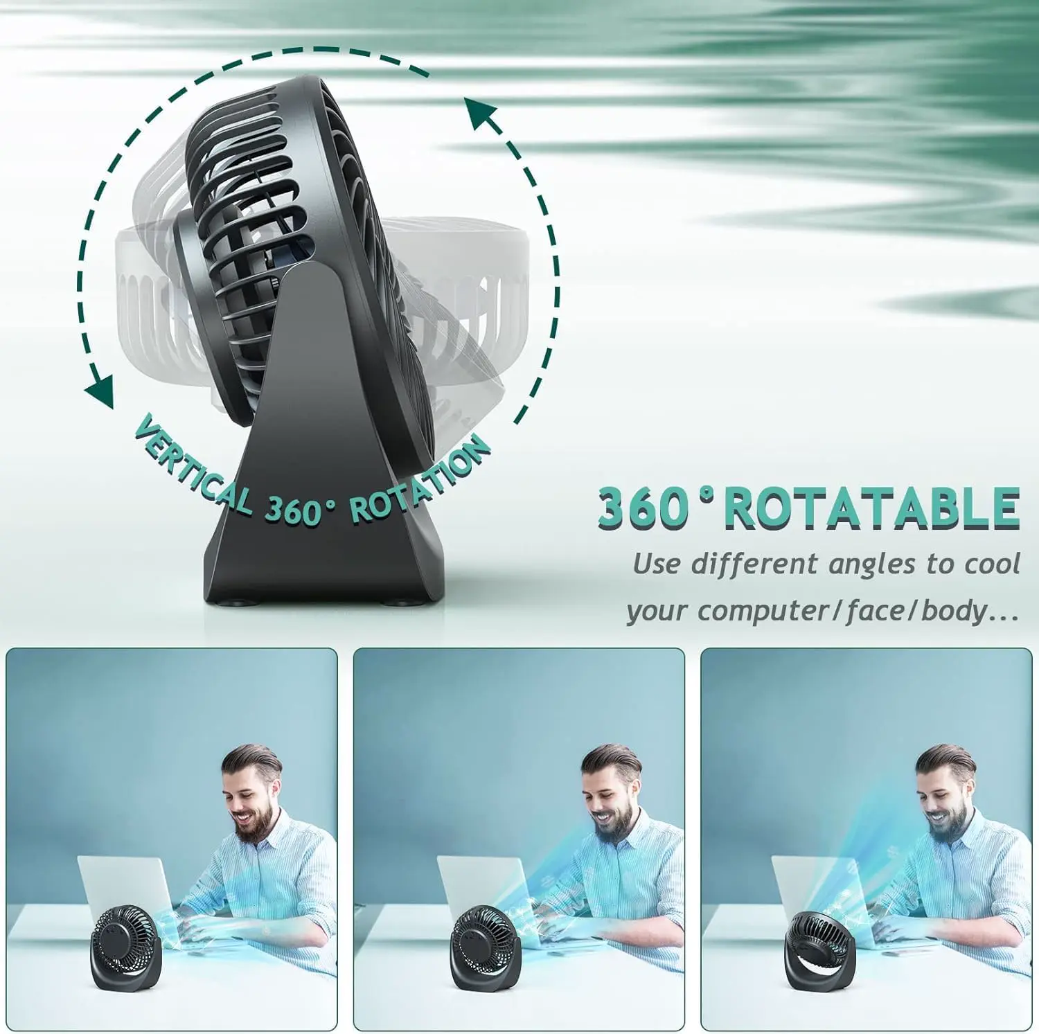SHAVINGFUN Tischventilator,Mini Ventilator,USB Ventilator,Tisch Ventilator 4000mAh Wiederaufladbare Batterie,5 Geschwindigkeitsstufen,360 Drehbare Einstellbare für Schlafzimmer Büro Ventilator Leise vue 6
