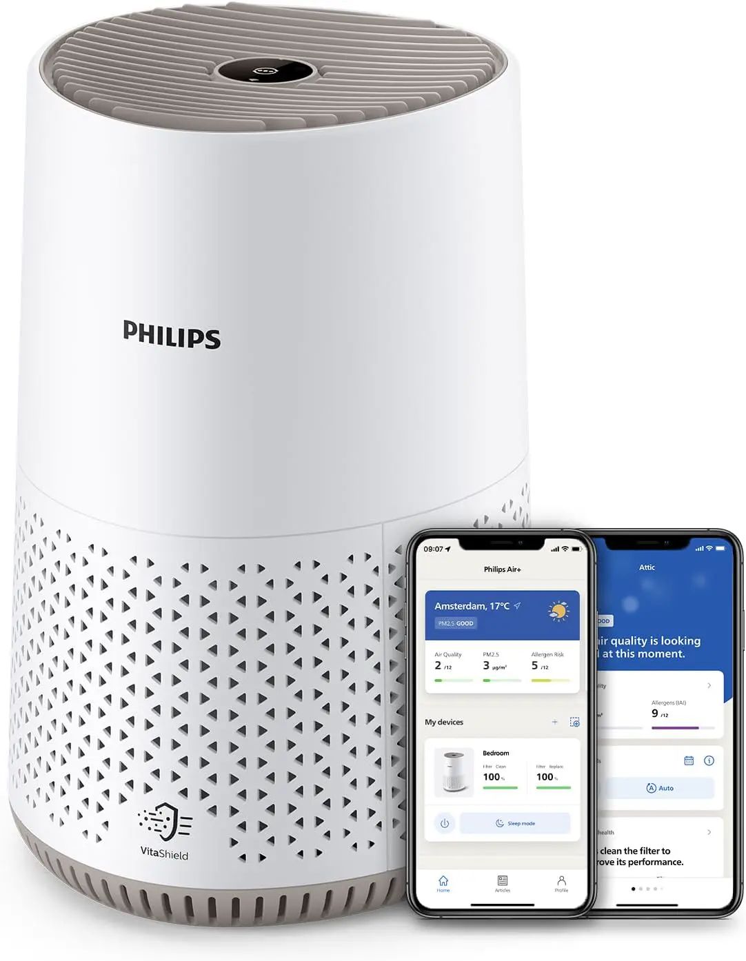 Philips Luftreiniger 600 Serie, Weiß, für Räume bis 44 m² | CADR 170m³/h, AIR+-App, HEPA NanoProtect-Filter, entfernt bis zu 99,97% Schadstoffe, ultraleise & für Allergiker (AC0650/10)