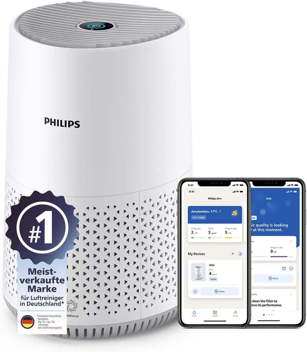 Philips Luftreiniger 600 Serie mit SmartSensor, Weiß, für Räume bis 44 m² | CADR 170m³/h, HAIR+-App, HEPA NanoProtect-Filter, entfernt bis zu 99,97% Schadstoffe, ultraleise & für Allergiker (AC0651/10)