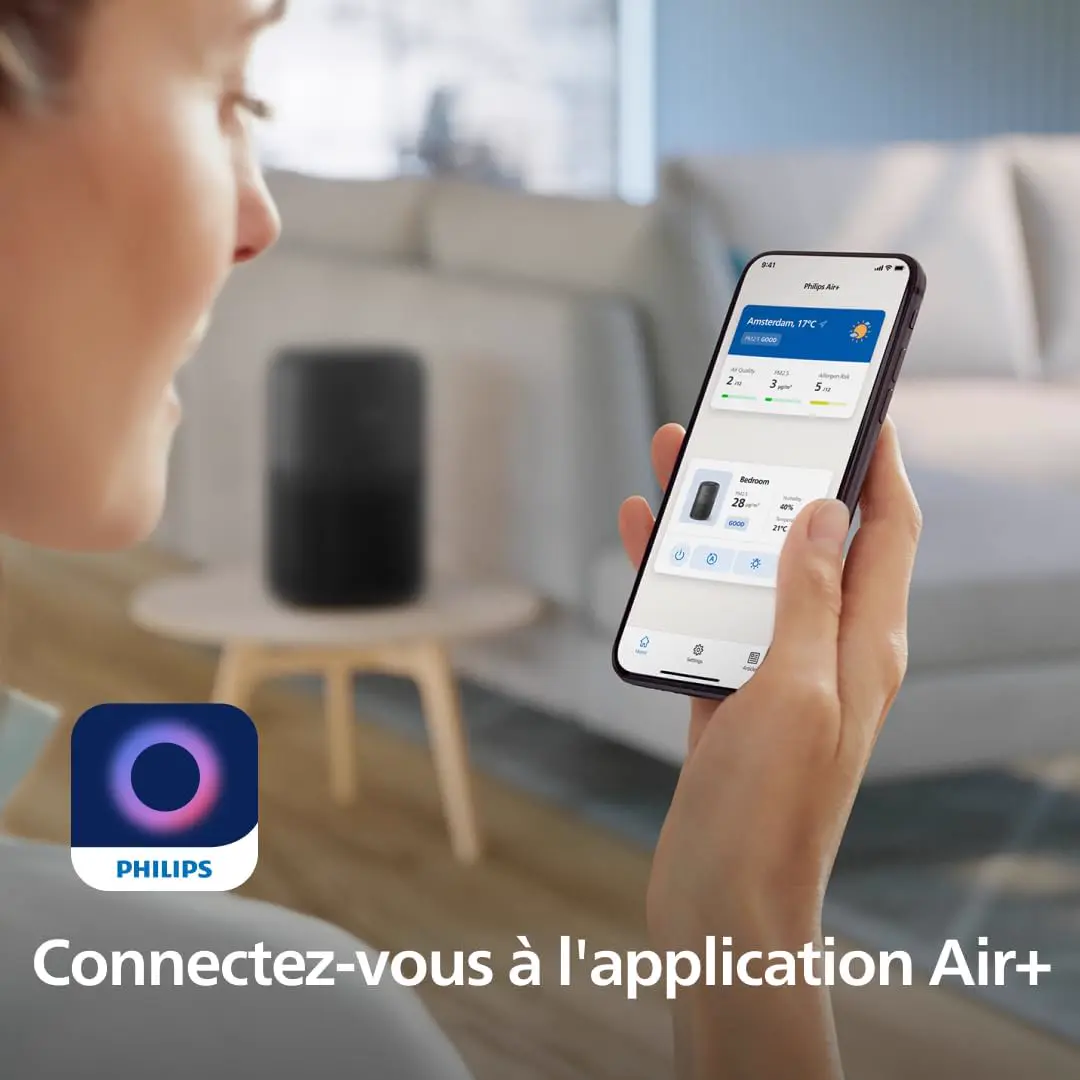 Philips Luftreiniger 900 Serie mit App, Schwarz, für Räume bis 65 m² | CADR 250m³/h, AIR+-App, HEPA NanoProtect-Filter, entfernt bis zu 99,97% Schadstoffe, ultraleise & für Allergiker (AC0951/13) vue 9