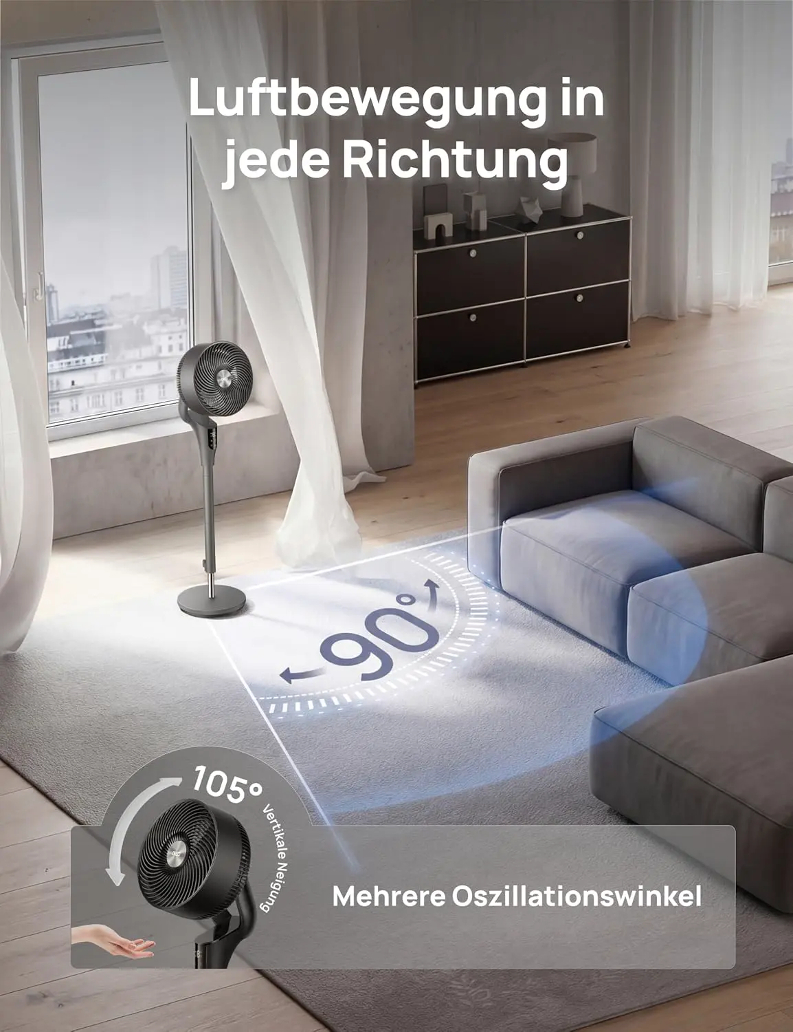 DREO Leiser Standventilator für Schlafzimmer [Verbessert], 27m Luftstrom, Leise, 90° Oszillierend, DC-Motor, 8 Geschwindigkeiten, 3 Modi, 96–106cm Höhenverstellbar, 8H Timer, 105° Manuell Neigbar vue 5