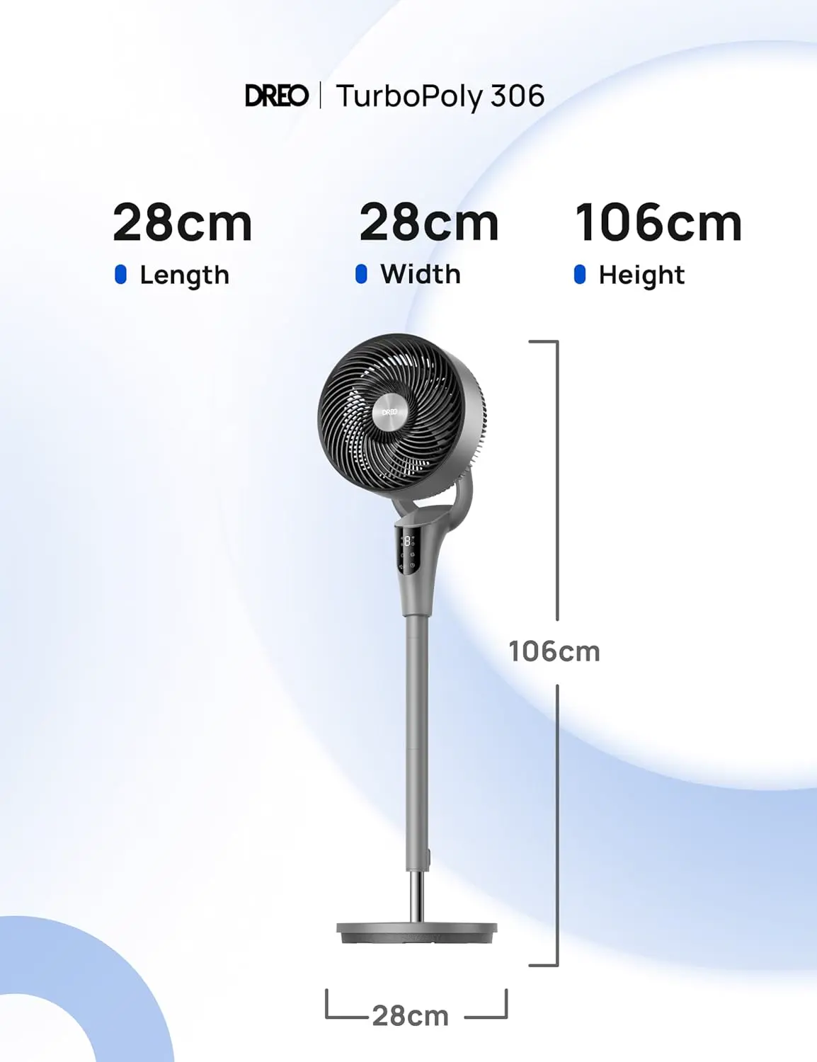 DREO Leiser Standventilator für Schlafzimmer [Verbessert], 27m Luftstrom, Leise, 90° Oszillierend, DC-Motor, 8 Geschwindigkeiten, 3 Modi, 96–106cm Höhenverstellbar, 8H Timer, 105° Manuell Neigbar vue 9