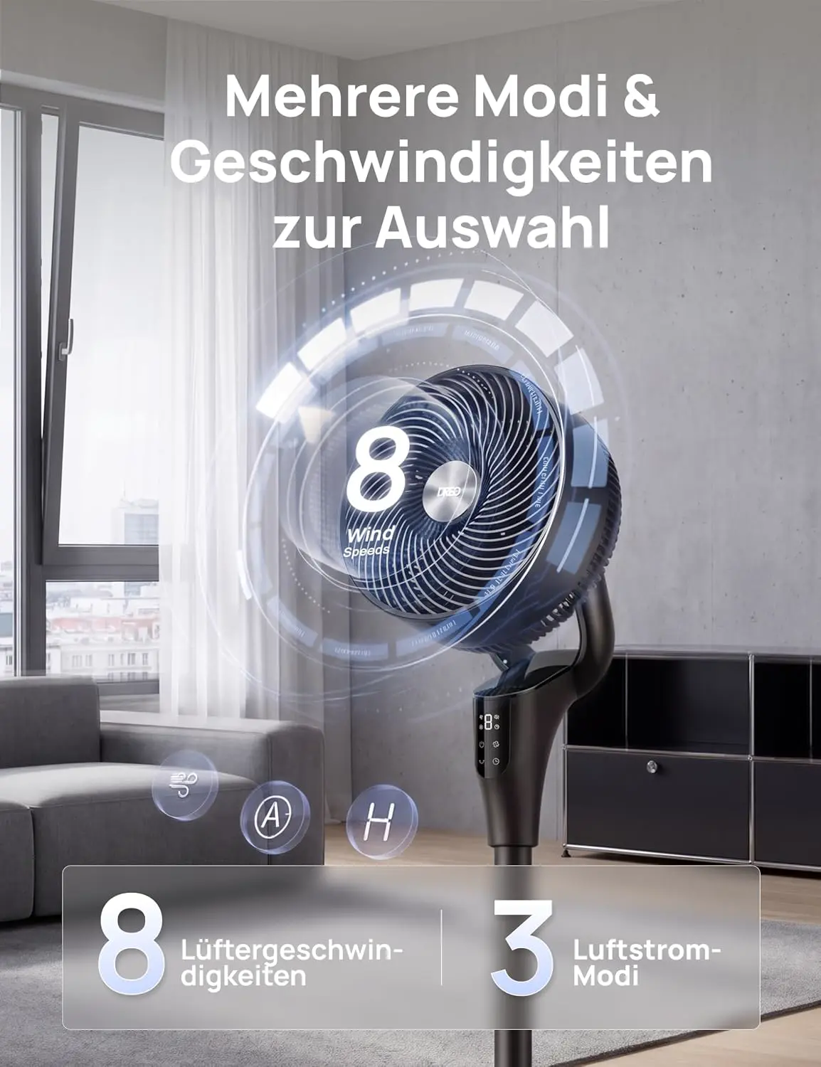 DREO Leiser Standventilator für Schlafzimmer [Verbessert], 27m Luftstrom, Leise, 90° Oszillierend, DC-Motor, 8 Geschwindigkeiten, 3 Modi, 96–106cm Höhenverstellbar, 8H Timer, 105° Manuell Neigbar vue 6