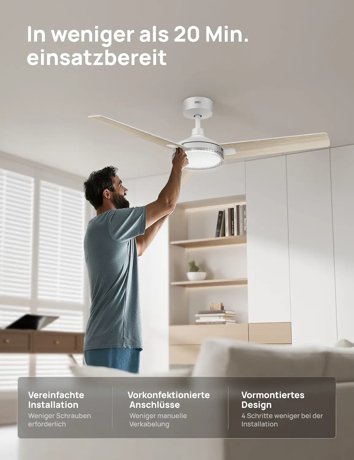DREO Deckenventilator mit Beleuchtung und Fernbedienung,132 cm Weißer Ventilator decke mit Licht,5 CCT-Farben, 6-stufig dimmbar, 6 Stufen, leiser reversibler DC-Motor, Timer (1/4/8h) vue 7