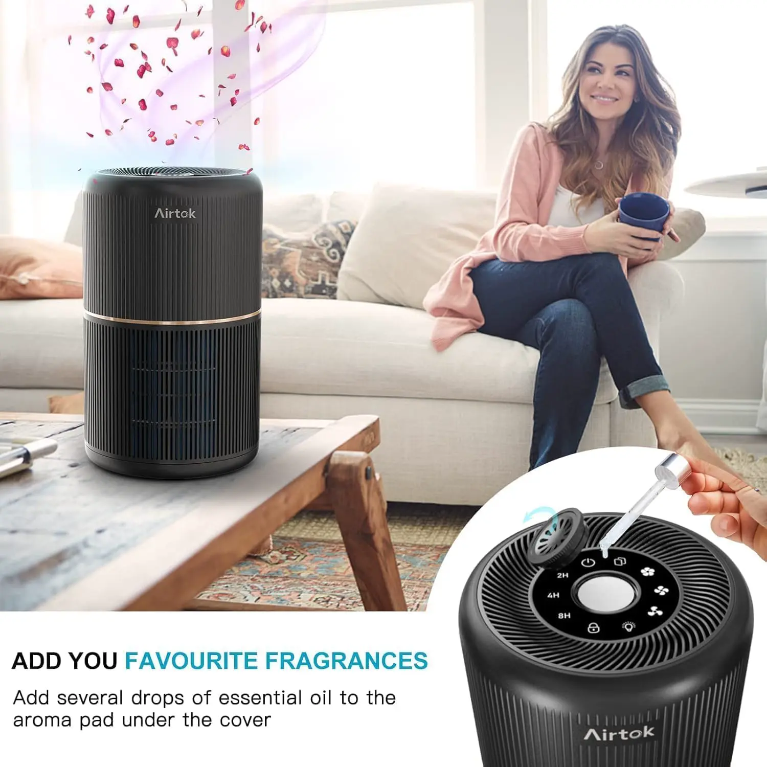 AIRTOK Luftreiniger, Luftreiniger Allergiker mit Aromatherapie, HEPA Luftfilter gegen Schimmel Staub Pollen Gerüche, 99,97% Entfernung bis 0,1 Mikrometer, Nachtlicht, Kindersicherung, Timer, 25dB vue 4