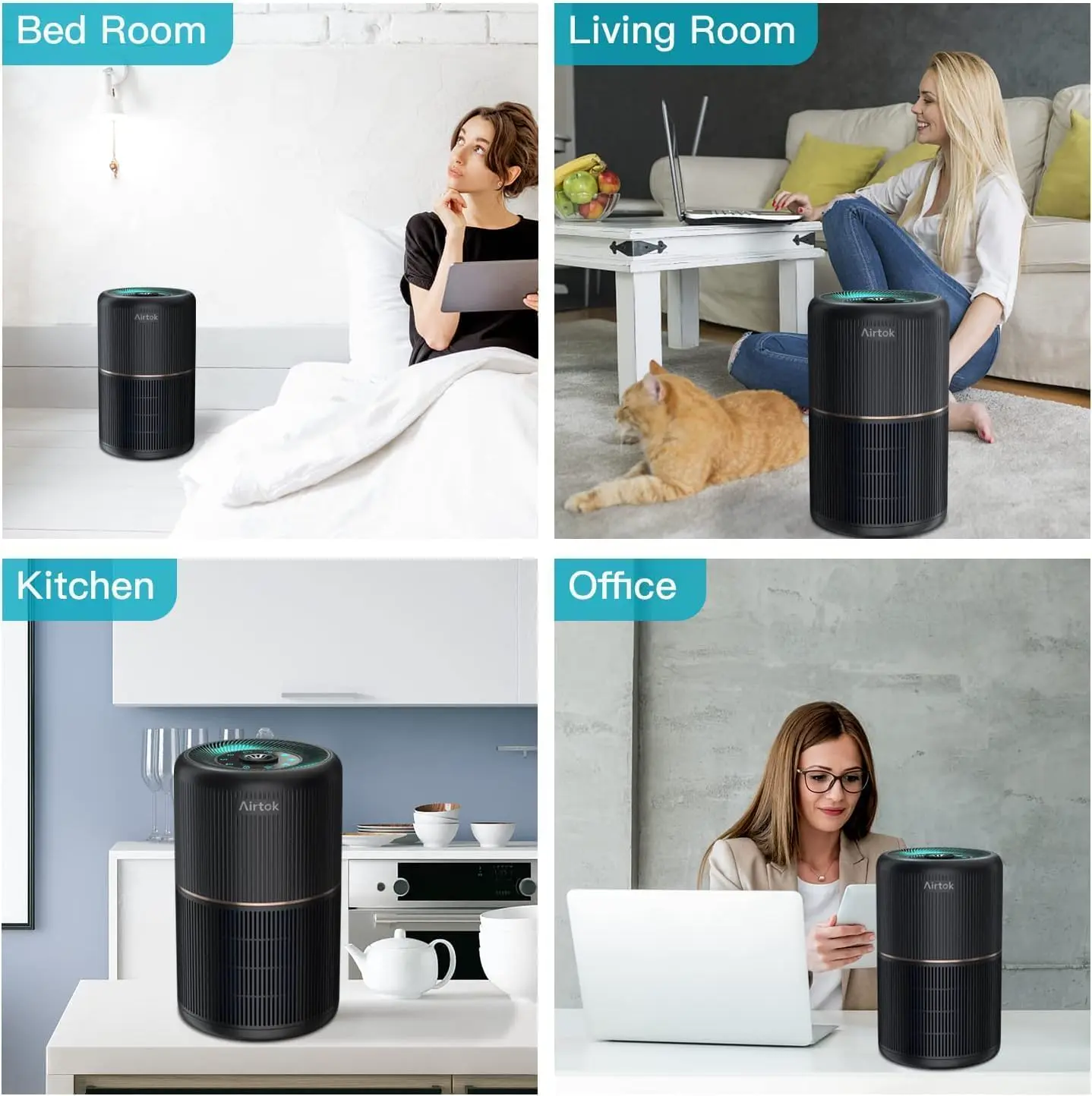 AIRTOK Luftreiniger, Luftreiniger Allergiker mit Aromatherapie, HEPA Luftfilter gegen Schimmel Staub Pollen Gerüche, 99,97% Entfernung bis 0,1 Mikrometer, Nachtlicht, Kindersicherung, Timer, 25dB vue 7
