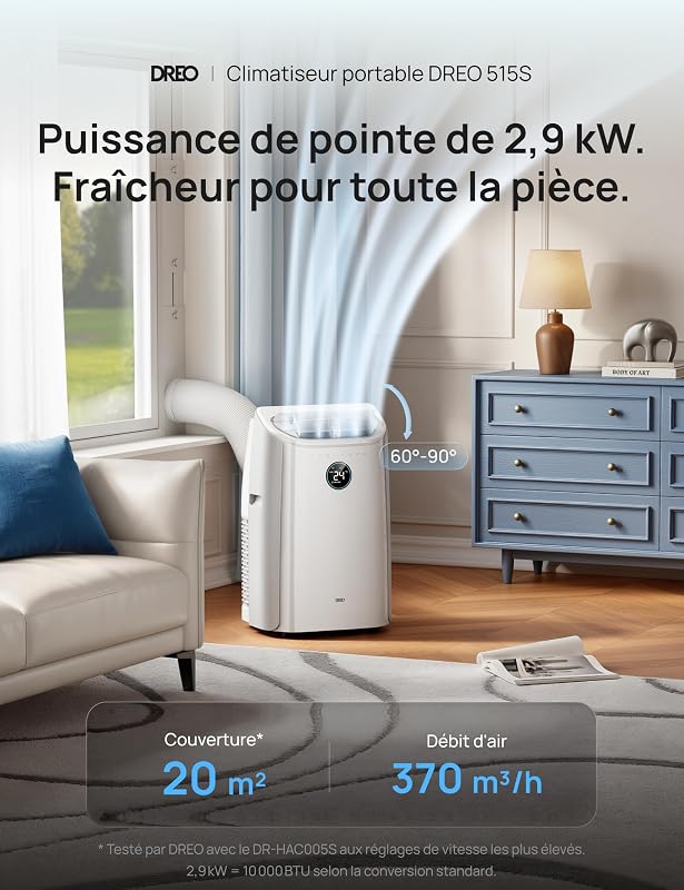 DREO Klimaanlage Mobil, 10.000 BTU Tragbares Klimagerät für Schlafzimmer, 3-in-1 Kühlen/Ventilieren/Entfeuchten, drainagefreie Kühlung, App-/Sprachsteuerung/Fernbedienung, 24h-Timer, AC515S vue 2