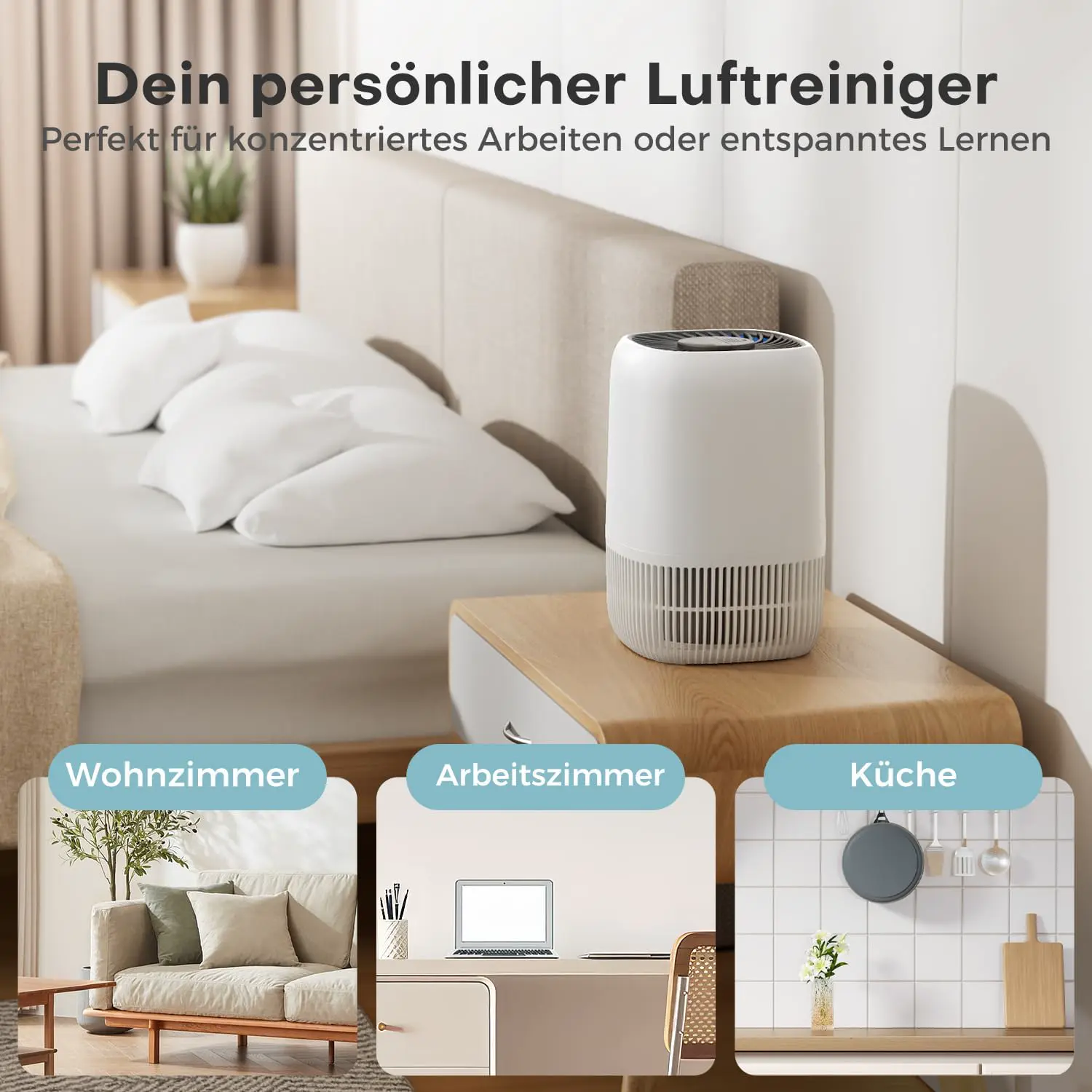 AROEVE Luftreiniger mit H13 HEPA 3-Stufen-Filter, Luftreiniger für Schlafzimmer, 5W Energieverbrauch, Leise 22dB mit Aroma, reduziert Pollen, Rauch, Tierfell, Weiß vue 2