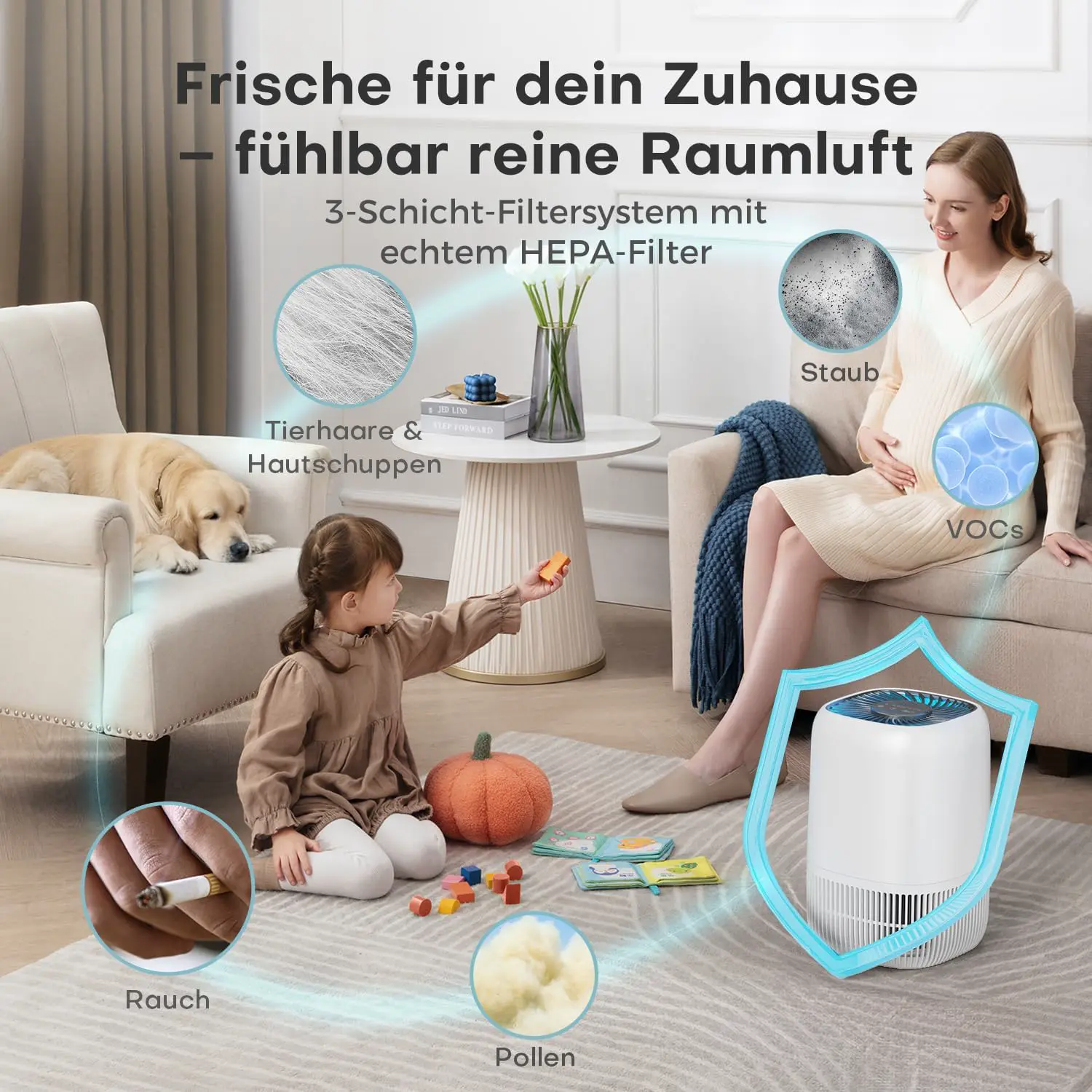 AROEVE Luftreiniger mit H13 HEPA 3-Stufen-Filter, Luftreiniger für Schlafzimmer, 5W Energieverbrauch, Leise 22dB mit Aroma, reduziert Pollen, Rauch, Tierfell, Weiß vue 3