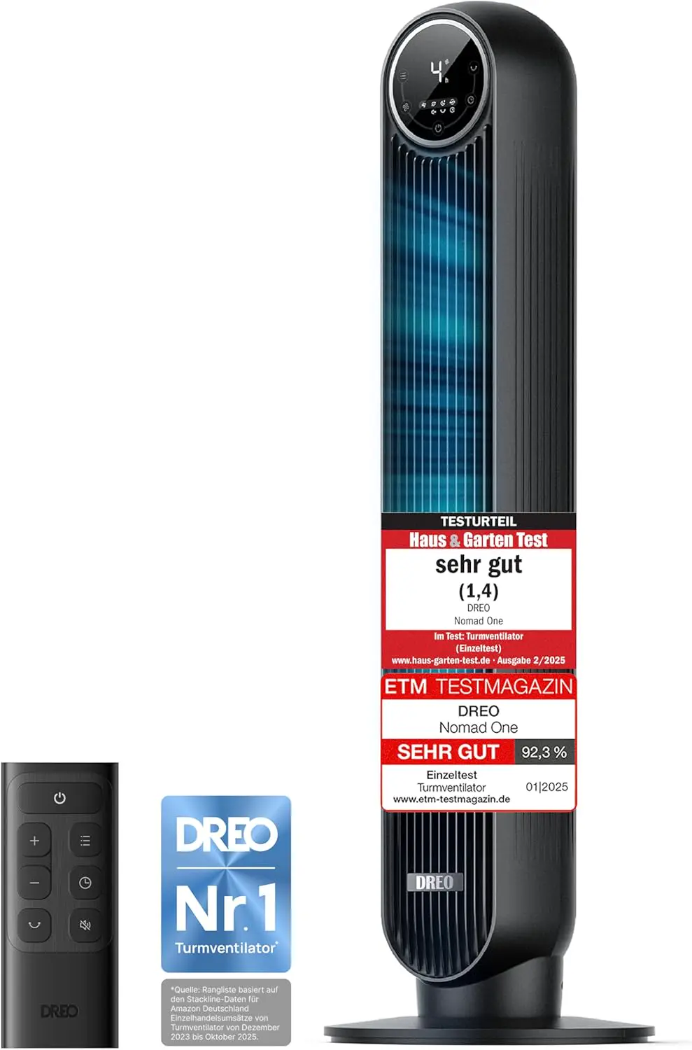 DREO Smart Leiser Turmventilator, APP & Sprachsteuerung, 90° oszillierender Ventilator mit Fernbedienung, 4 Modi, 4 Geschwindigkeiten, 8 Std. Timer, Nomad One S, Schwaz vue 1