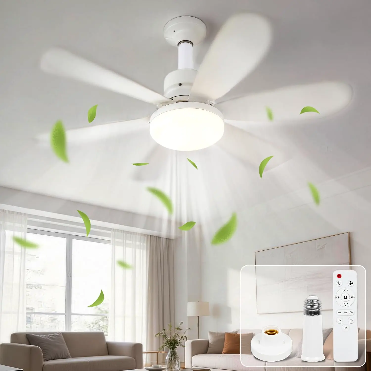 Ulikey Deckenleuchte mit Ventilator, Deckenventilator mit Beleuchtung, Sockel Verlängerungsstange, 3 Modi Dimmbar, 3 Windstufen, Timer Funktion, Deckenventilator für Wohnzimmer Schlafzimmer (52cm) vue 1