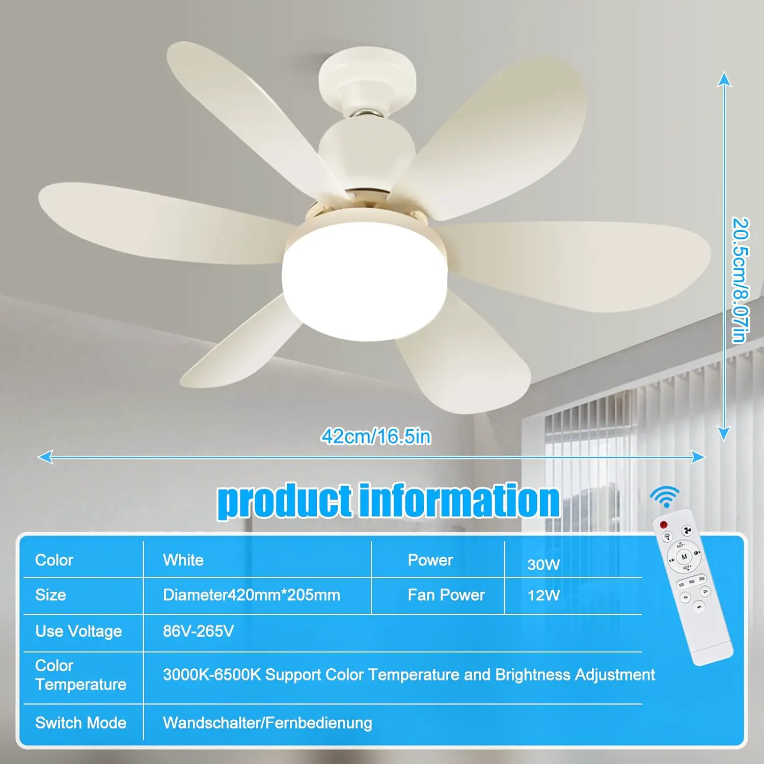 Ulikey Deckenleuchte mit Ventilator, Deckenventilator mit Beleuchtung, Sockel Verlängerungsstange, 3 Modi Dimmbar, 3 Windstufen, Timer Funktion, Deckenventilator für Wohnzimmer Schlafzimmer (52cm) vue 2