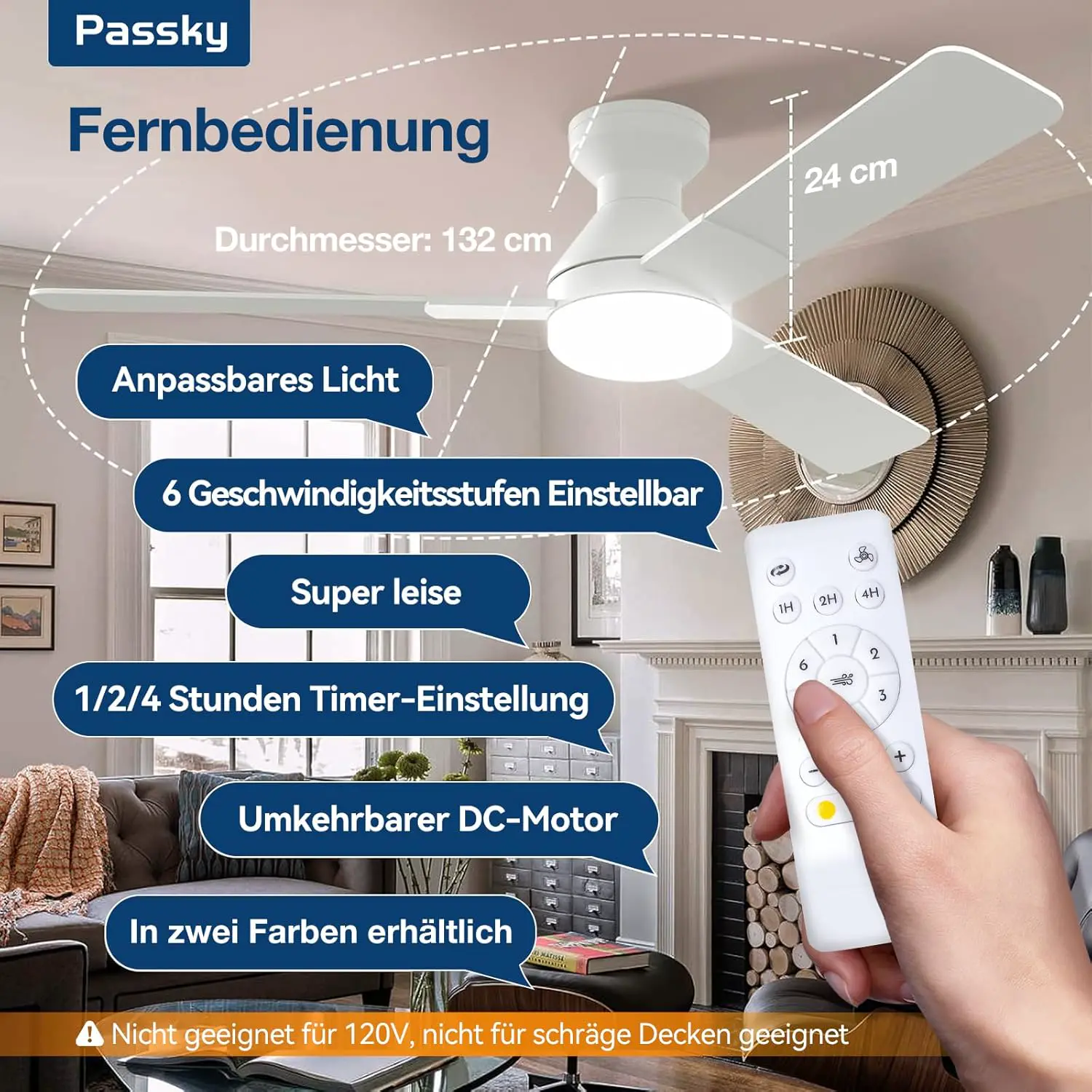 Passky Deckenventilator mit Beleuchtung, 132 cm flaches Design mit Fernbedienung, Deckenbündige Montage, reversibel, 3 Farbtemperaturen, dimmbar, leise für Schlafzimmer, Innen- und Außen Weiß vue 2
