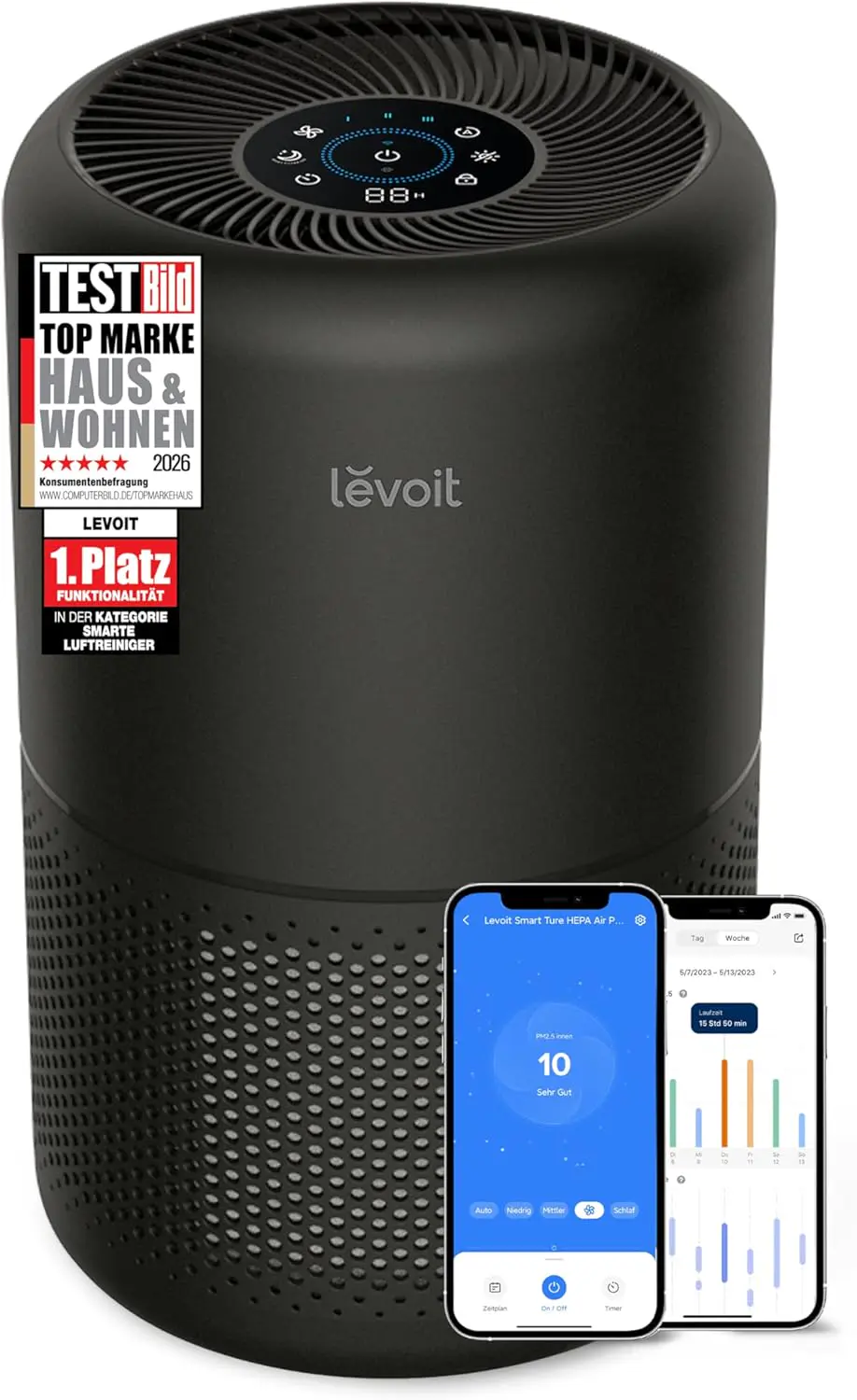 Levoit Luftreiniger mit HEPA Luftfilter, CADR 258m³/h, bis zu 54㎡, Schwarz | mit Luftqualitätsanzeige, 99,97 Prozent Schimmel Staub Pollen Tierhaare, Auto & Schlafmodus, App und Alexa