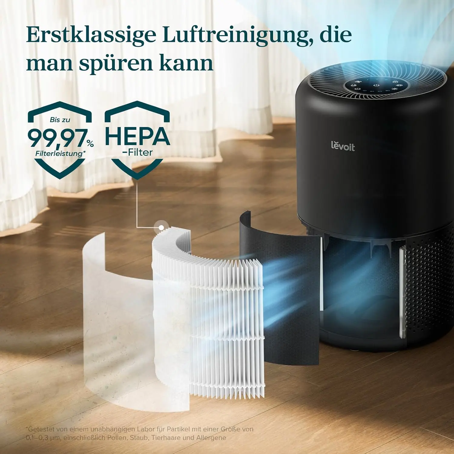 Levoit Luftreiniger mit HEPA Luftfilter, CADR 258m³/h, bis zu 54㎡, Schwarz | mit Luftqualitätsanzeige, 99,97 Prozent Schimmel Staub Pollen Tierhaare, Auto & Schlafmodus, App und Alexa vue 3