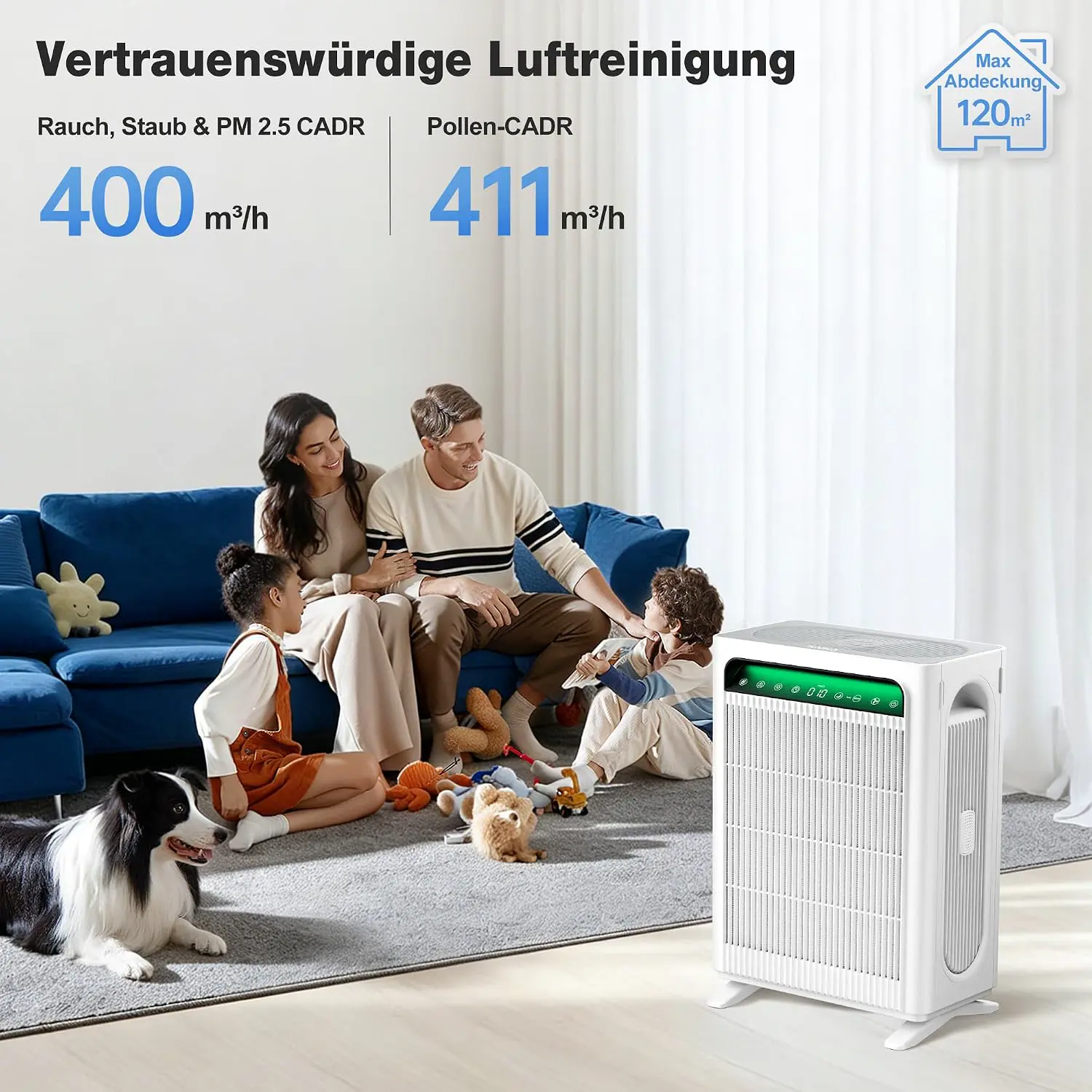 KNKA Luftreiniger für Raucher & Haustiere, CADR 300m³/h bis 80m², Weiß | entfernt 99,97% Pollen/Gerüche/Staub, HEPA filter Schlafmodus, Smart Sensor, Luft Reinigtr ideal gegen Tierhaare APH3000 vue 2