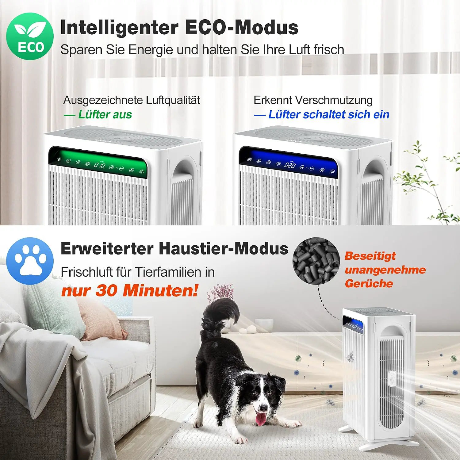 KNKA Luftreiniger für Raucher & Haustiere, CADR 300m³/h bis 80m², Weiß | entfernt 99,97% Pollen/Gerüche/Staub, HEPA filter Schlafmodus, Smart Sensor, Luft Reinigtr ideal gegen Tierhaare APH3000 vue 4