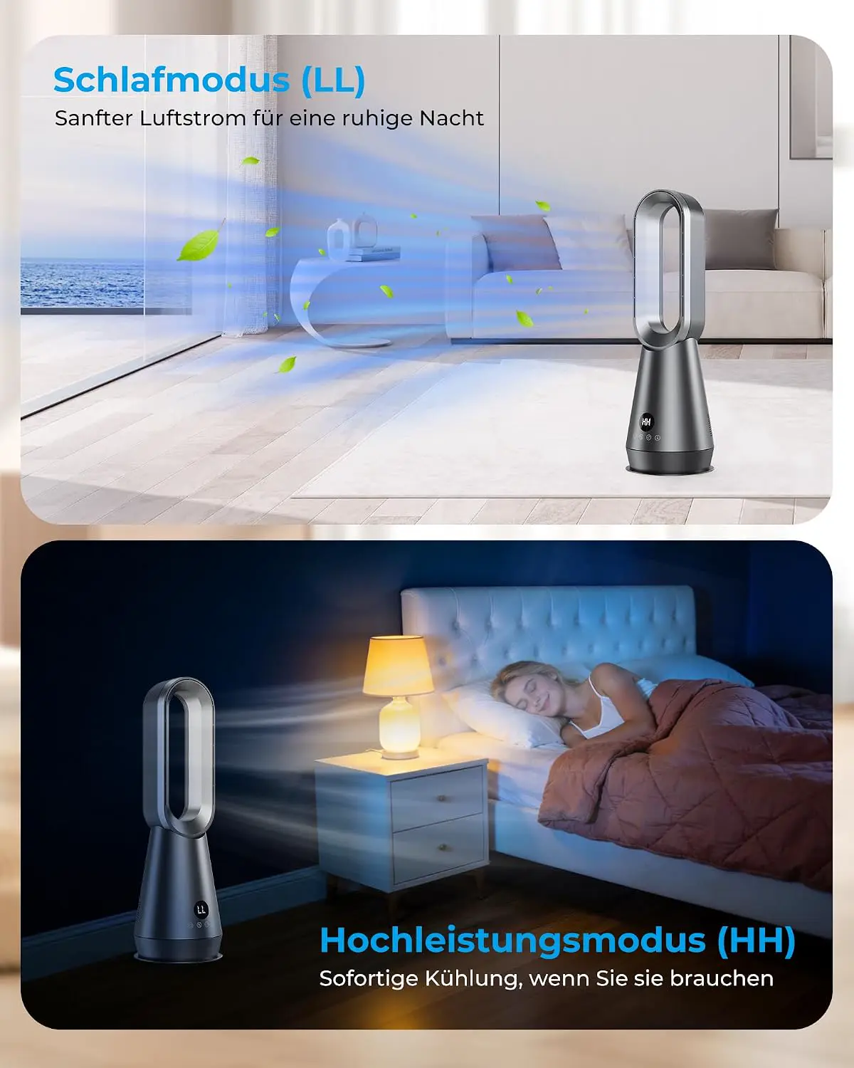 56cm Klein Leise 32dB Rotorloser Ventilator mit Fernbedienung und Digitaldisplay, 8 Geschwindigkeitsstufen, 80° Oszillation, 9H Timer, 30W Energiesparend Bladeless Fans für Schlafzimmer Büro vue 3