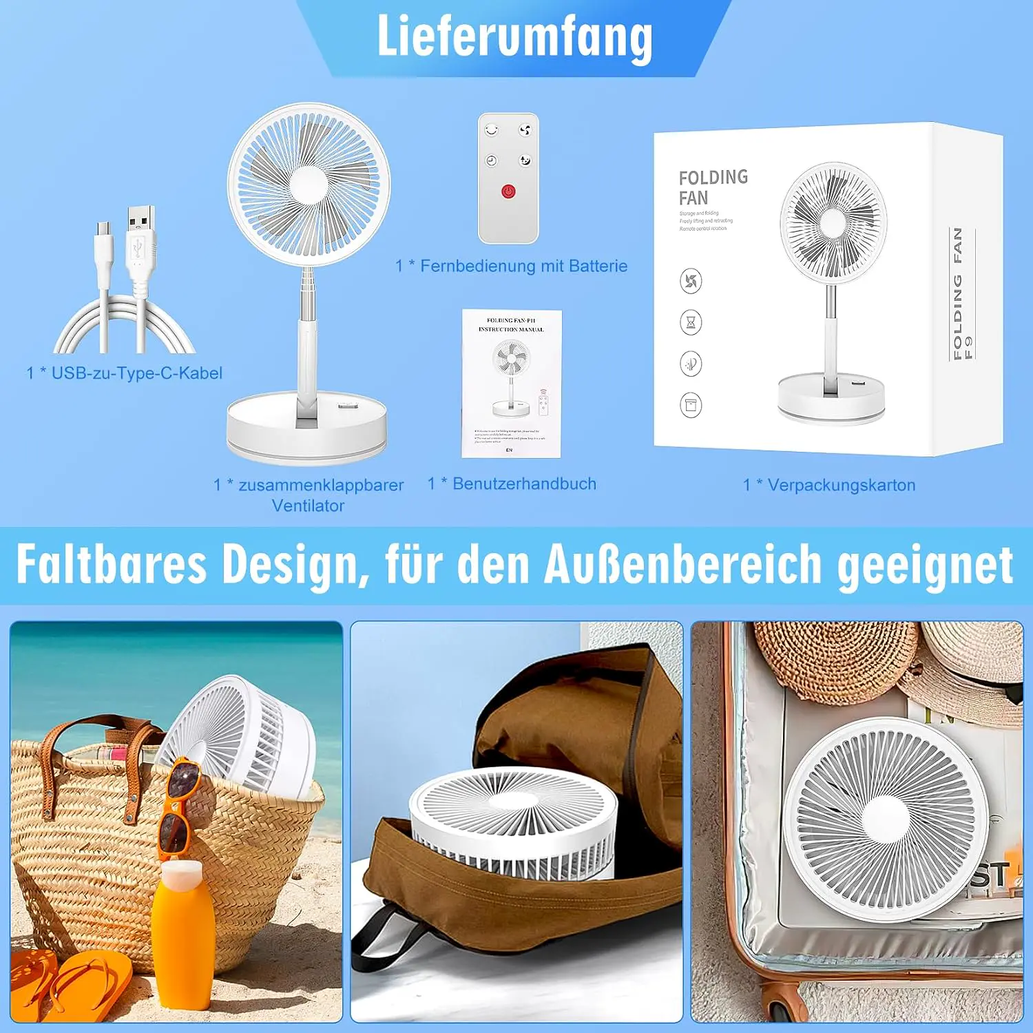 LIPETY Tragbarer Faltbarer Oszillierender Klein Ventilator, 8.6" 8000 mAh Akku Aufladbar USB C Boden/Tisch ventilator mit Fernbedienung, Leise Standventilator für Hause Schlafzimmer Reisen Camp vue 7