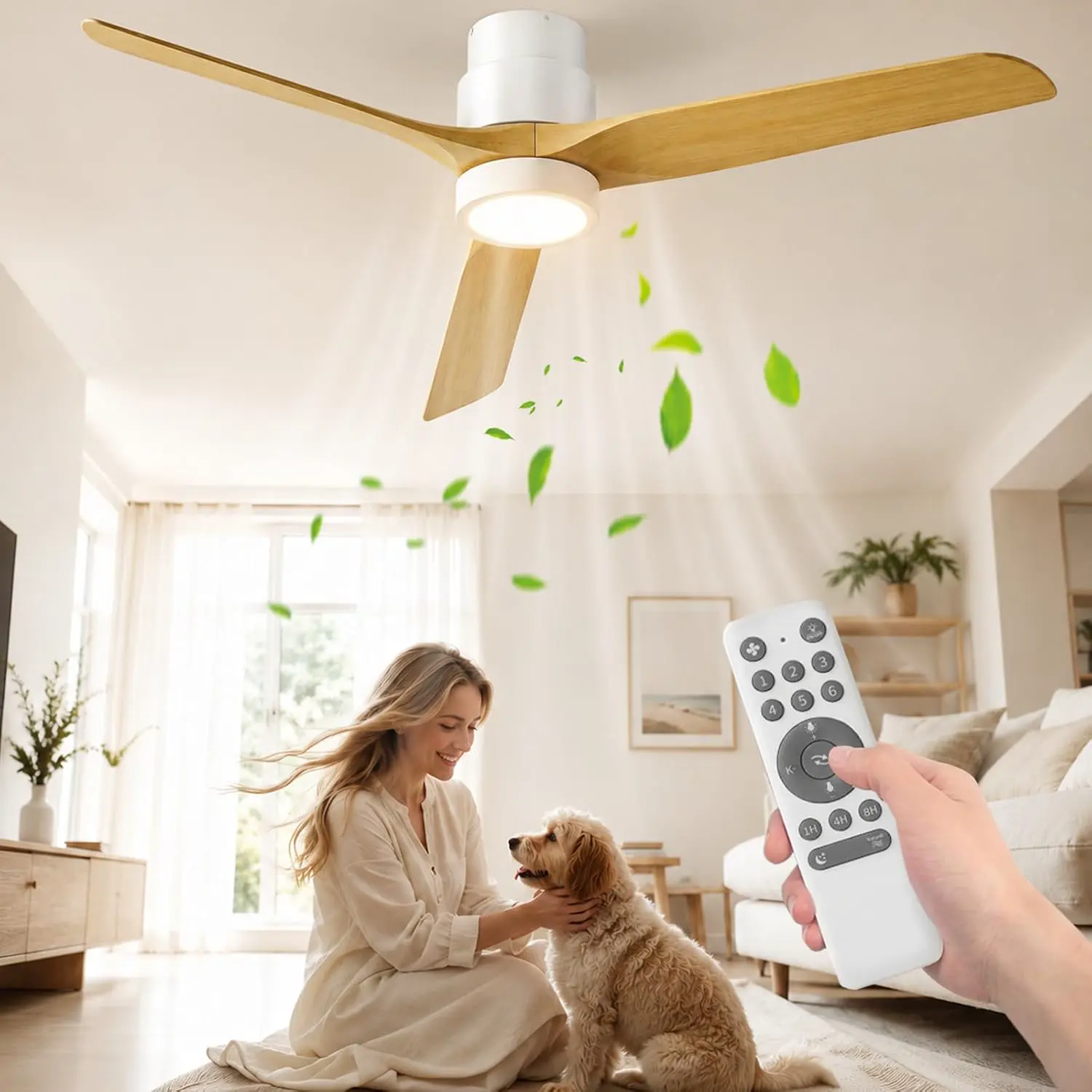 Ateroll 132 CM Deckenventilator mit Beleuchtung und Fernbedienung, Ultraleiser DC-Motor, 3 Blätter, 6 Geschwindigkeiten, 1/4/8H Timer, Dimmbarem LED, Sommer-Winterbetrie für Wohnzimmer Schlafzimmer vue 1