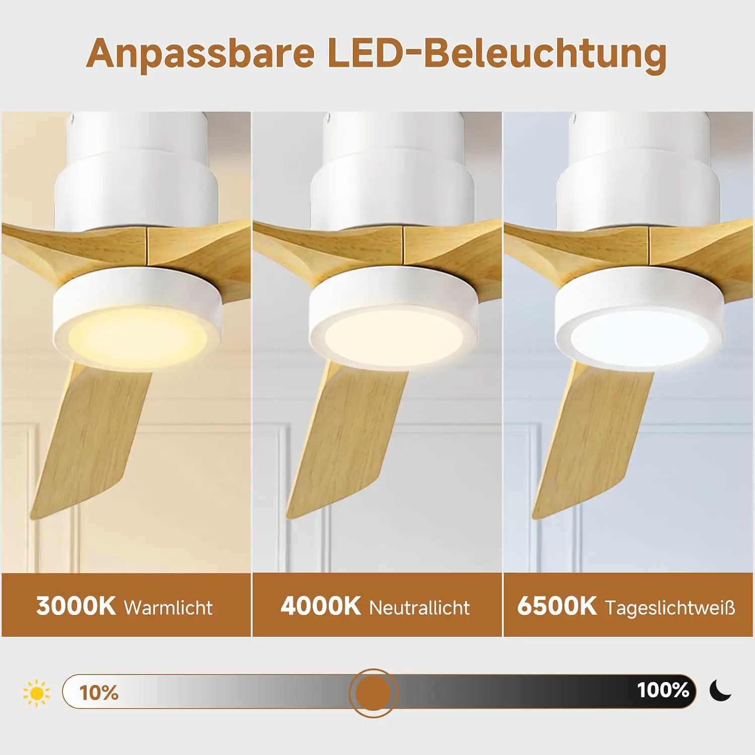 Ateroll 132 CM Deckenventilator mit Beleuchtung und Fernbedienung, Ultraleiser DC-Motor, 3 Blätter, 6 Geschwindigkeiten, 1/4/8H Timer, Dimmbarem LED, Sommer-Winterbetrie für Wohnzimmer Schlafzimmer vue 2
