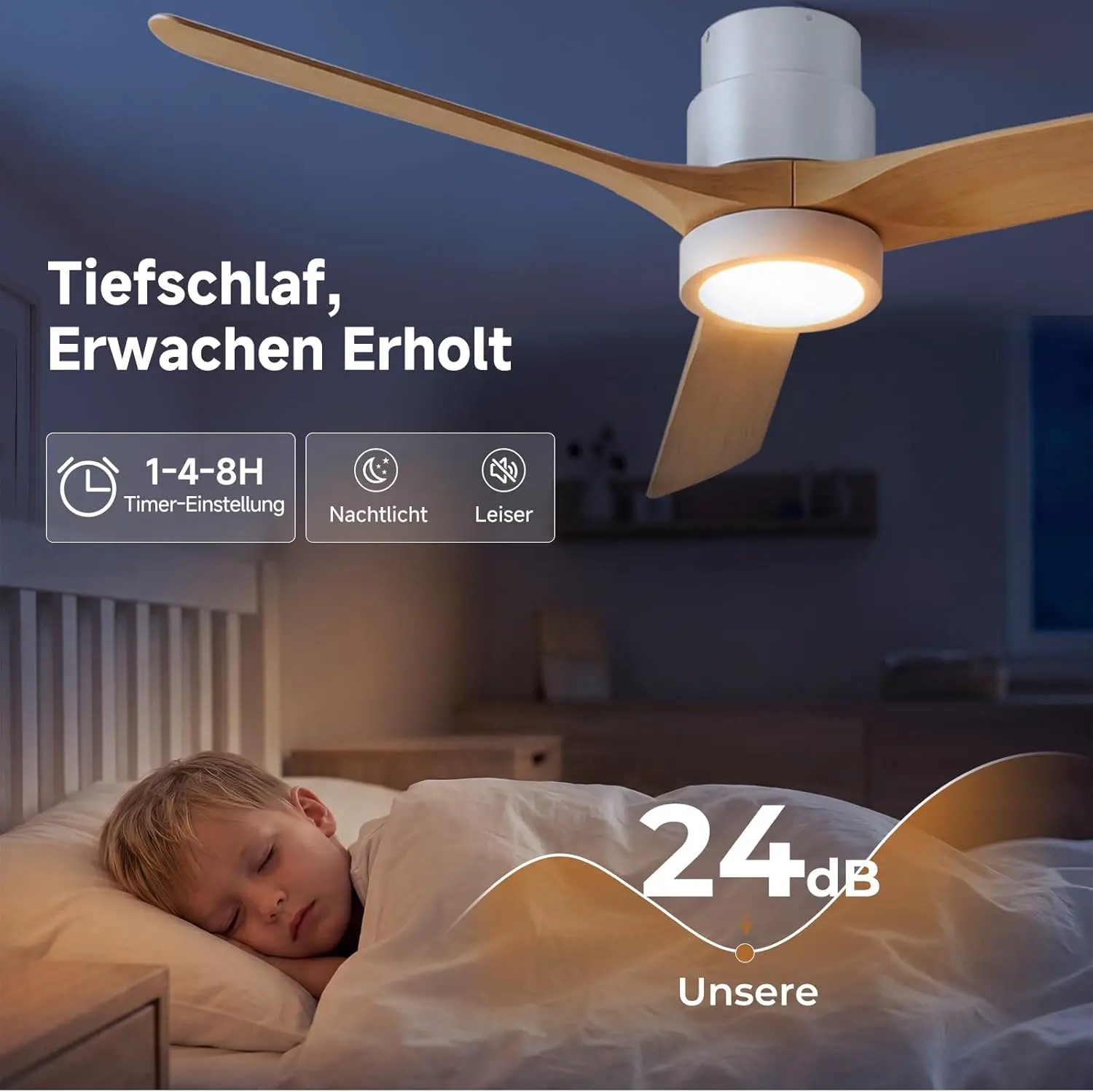 Ateroll 132 CM Deckenventilator mit Beleuchtung und Fernbedienung, Ultraleiser DC-Motor, 3 Blätter, 6 Geschwindigkeiten, 1/4/8H Timer, Dimmbarem LED, Sommer-Winterbetrie für Wohnzimmer Schlafzimmer vue 6