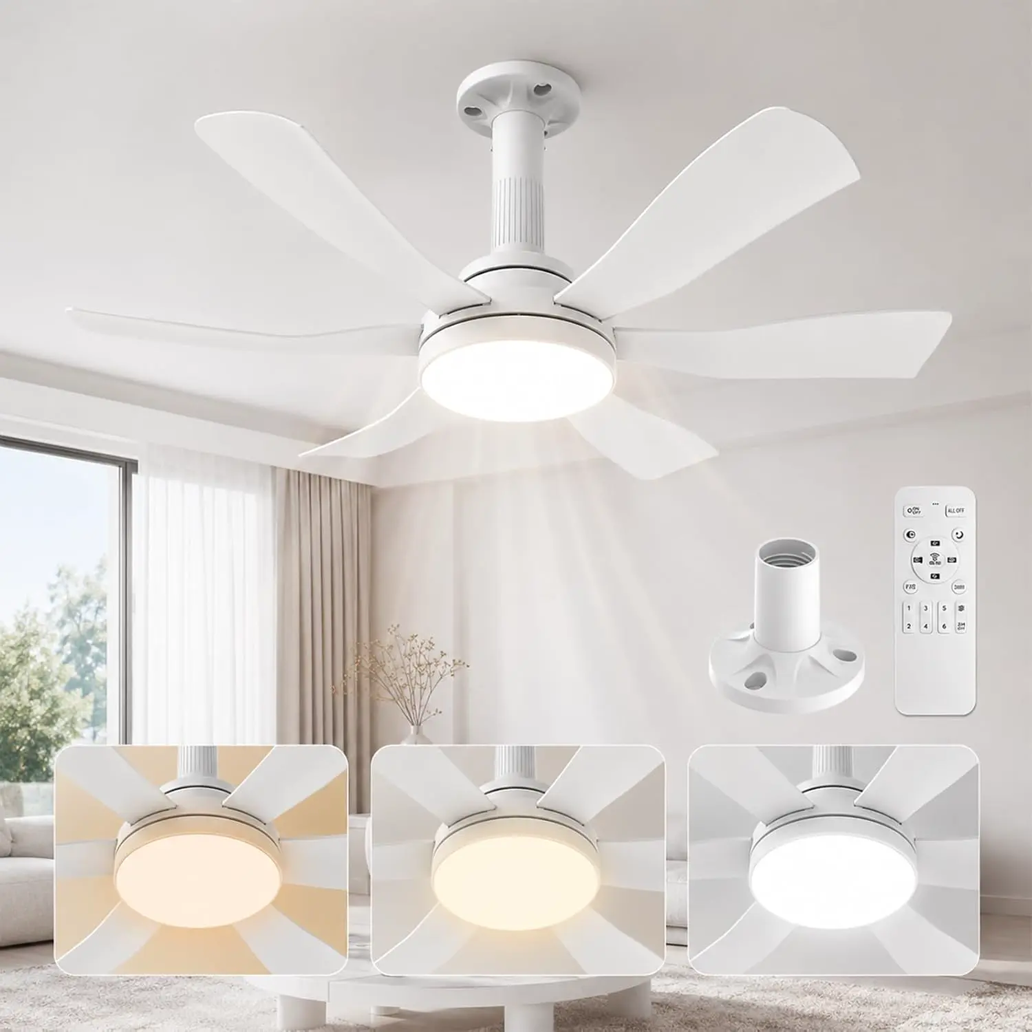 Hisummer 71cm Deckenventilator mit Beleuchtung, E27 Anschluss Nur Passende Fassung, Schnellmontage Deckenventilator mit Licht Leise und Fernbedienung für Klein Schlafzimmer Wohnzimmer Küche vue 1