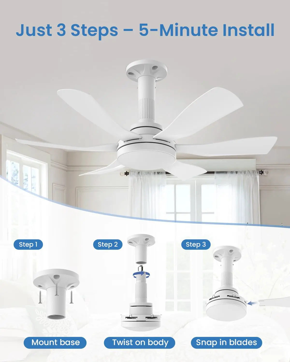 Hisummer 71cm Deckenventilator mit Beleuchtung, E27 Anschluss Nur Passende Fassung, Schnellmontage Deckenventilator mit Licht Leise und Fernbedienung für Klein Schlafzimmer Wohnzimmer Küche vue 4