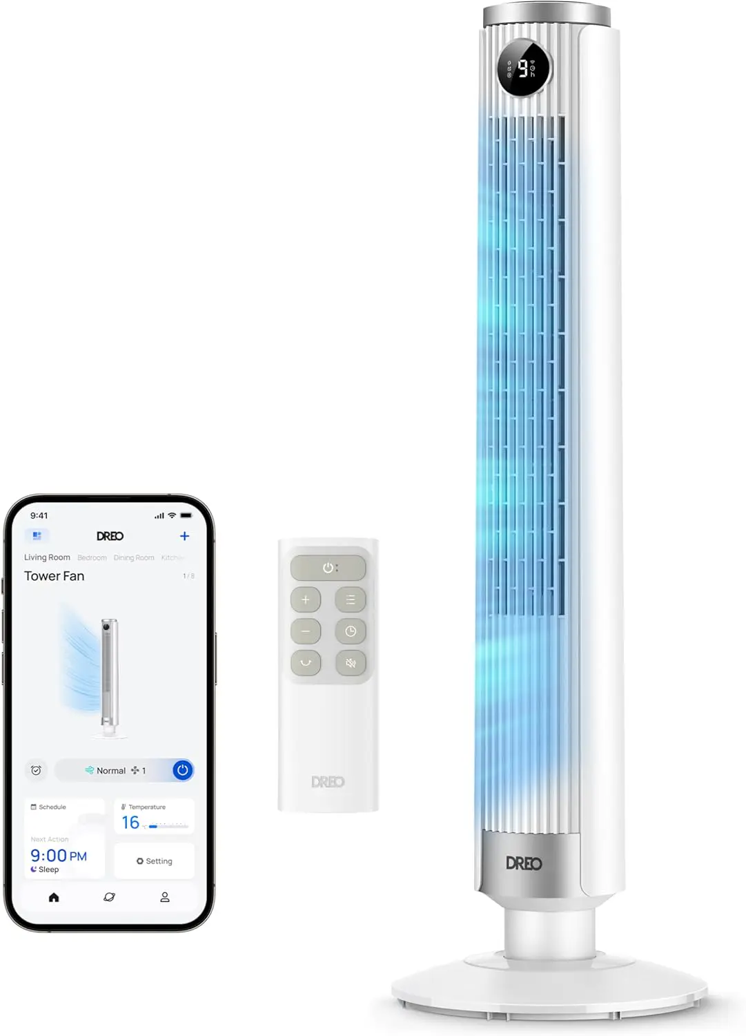 DREO Smart 102–114cm Turmventilator fürs Schlafzimmer, Höhenverstellbar, 8.4m/s, DC-Motor, 9 Stufen, 4 Modi, 90°-Oszillation, Standventilator, 20dB Leise, 12H Timer für Zuhause und Büro, Google/Alexa vue 1