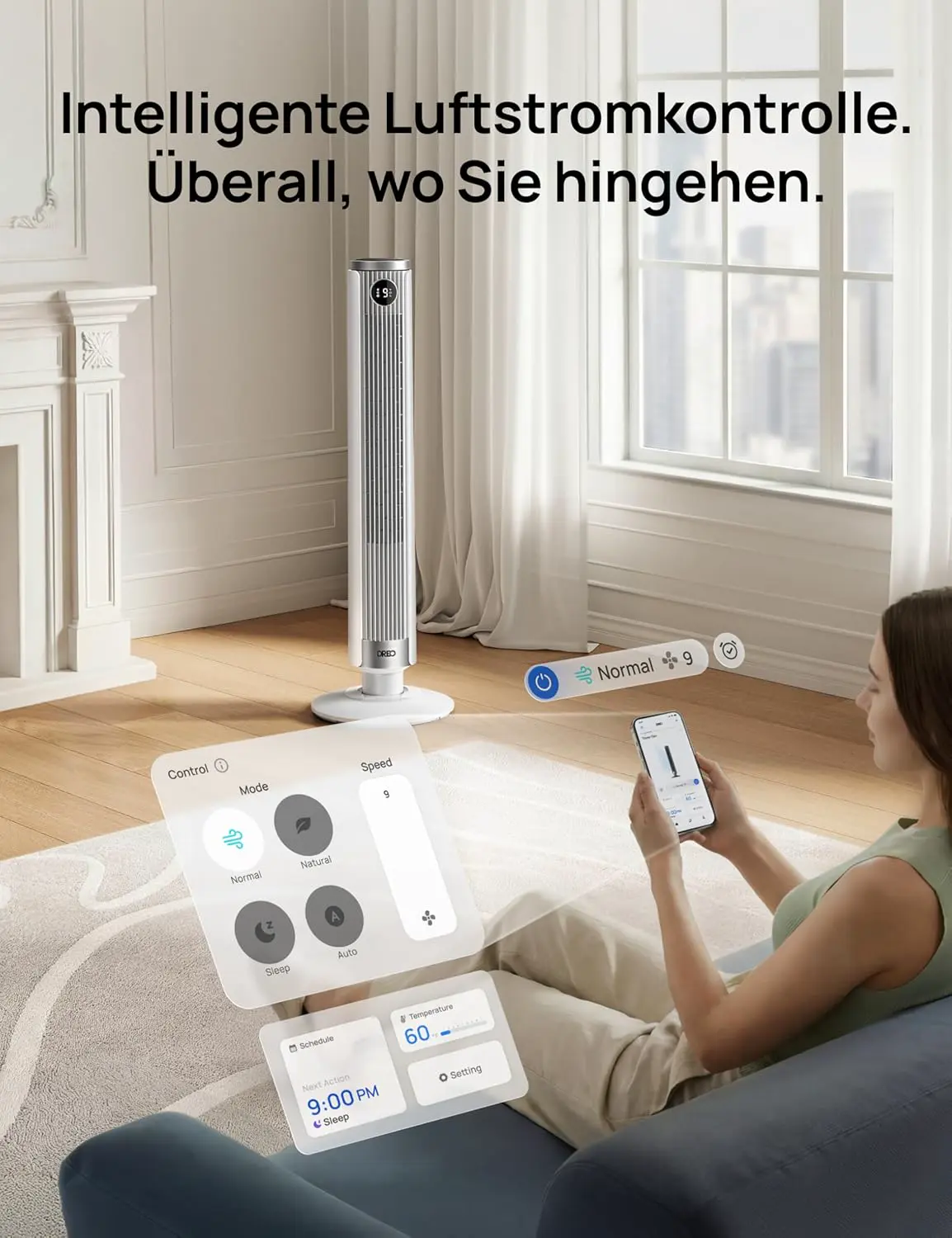 DREO Smart 102–114cm Turmventilator fürs Schlafzimmer, Höhenverstellbar, 8.4m/s, DC-Motor, 9 Stufen, 4 Modi, 90°-Oszillation, Standventilator, 20dB Leise, 12H Timer für Zuhause und Büro, Google/Alexa vue 4
