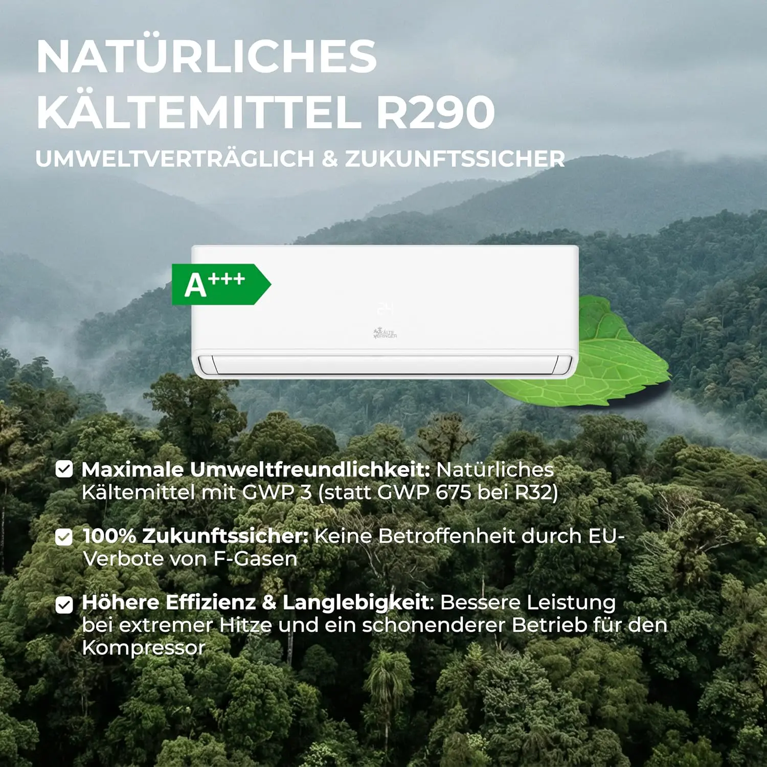 Kältebringer® Split Klimaanlage 12000 BTU 3,7 kW R290 Kältemittel | Ohne F-Gas - A+++ Klimagerät bis 60 m² - Heizfunktion, WiFi und App, sehr leise, mit 5 m Kupferleitung und Bodenkonsole vue 2