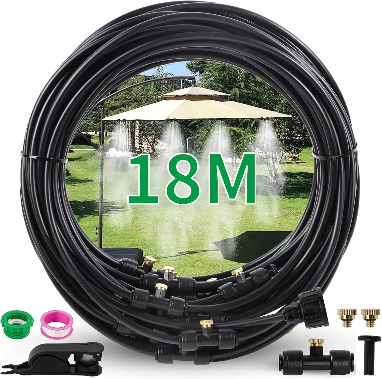 Outdoor Misting System Sprühnebel Kühlung Terrasse(18M) - Nebelsystem Linie 20 Messing-Nebeldüsen Messingadapter (3/4") Terrassennebel zum Kühlen von Außengewächshaus vue 1