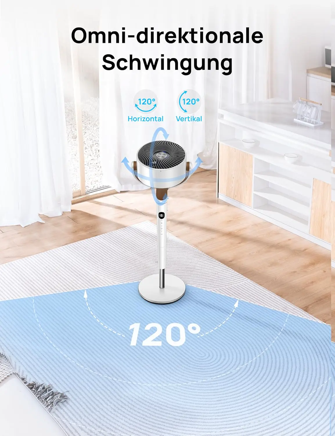 DREO 23dB leiser Standventilator, 120°+120° Omni-direktionale oszillierende Ventilator, 27M Windentfernung, 1615 m³/h LuftVolumenn Echt Turbo-Luftzirkulator Fans, 89-102cm Höhe 3 Modi 8-Geschwindigkeit vue 4