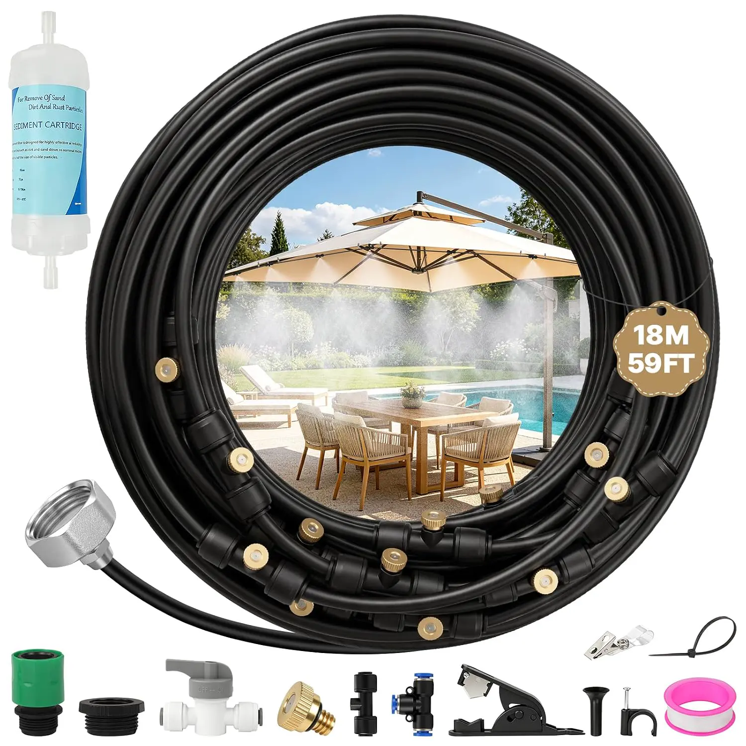 Sprühnebel Terrasse,Wassernebel Kühlung,Vernebler Wassernebel mit 18M Sprühnebel Schlauch,25 Nebeldüsen,Wasserhahn,Sprühnebelanlage Wasserzerstäuber für Kühlung Terrasse Garten Gewächshaus Pavillon vue 1