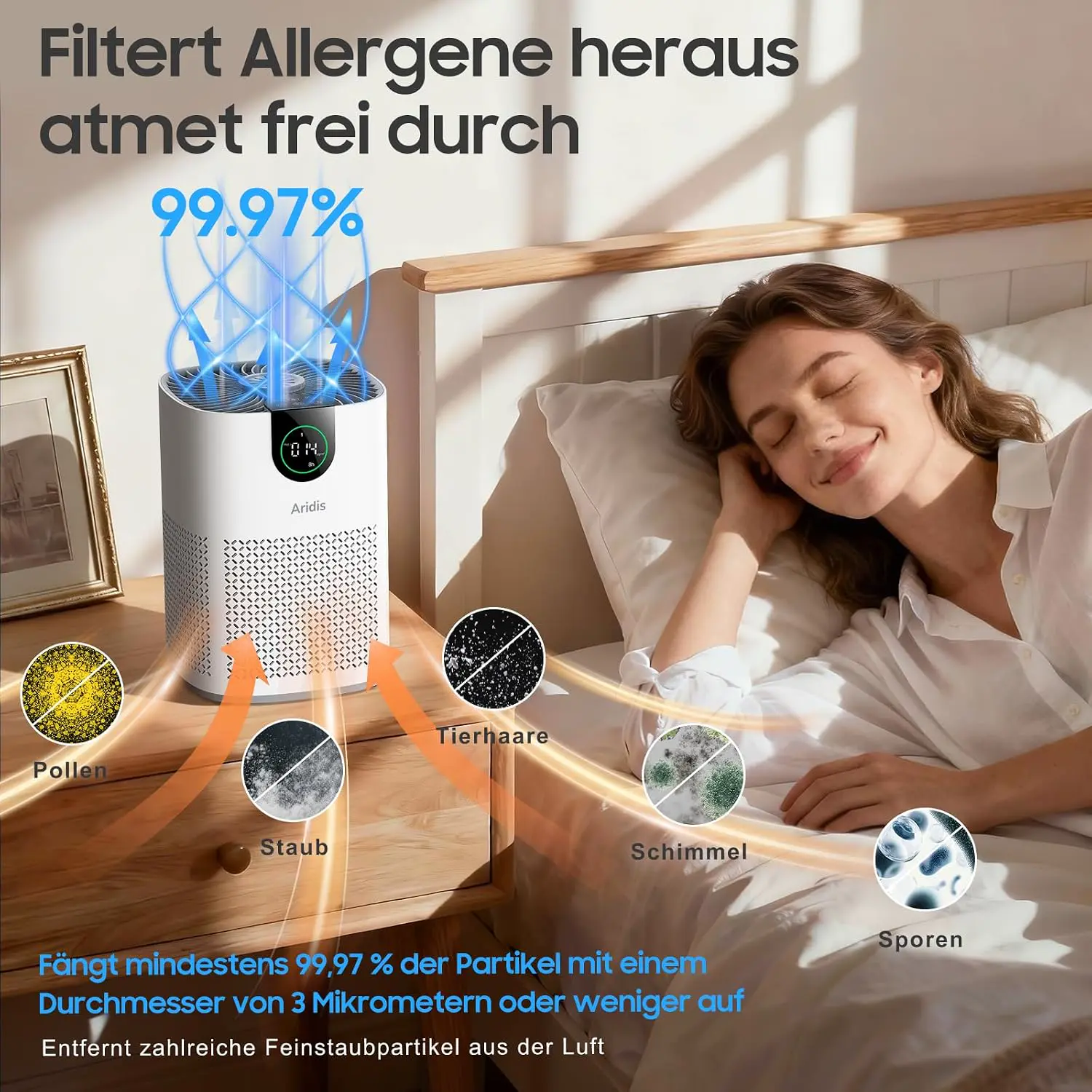 HEPA Luftreiniger Allergiker – Luftfilter für Schlafzimmer, Pollen, Allergien, Gerüche & Tierhaare, Luft Reinigtr mit Aromatherapie, 7,2W, 3 Geschwindigkeiten, Geräuscharm vue 2