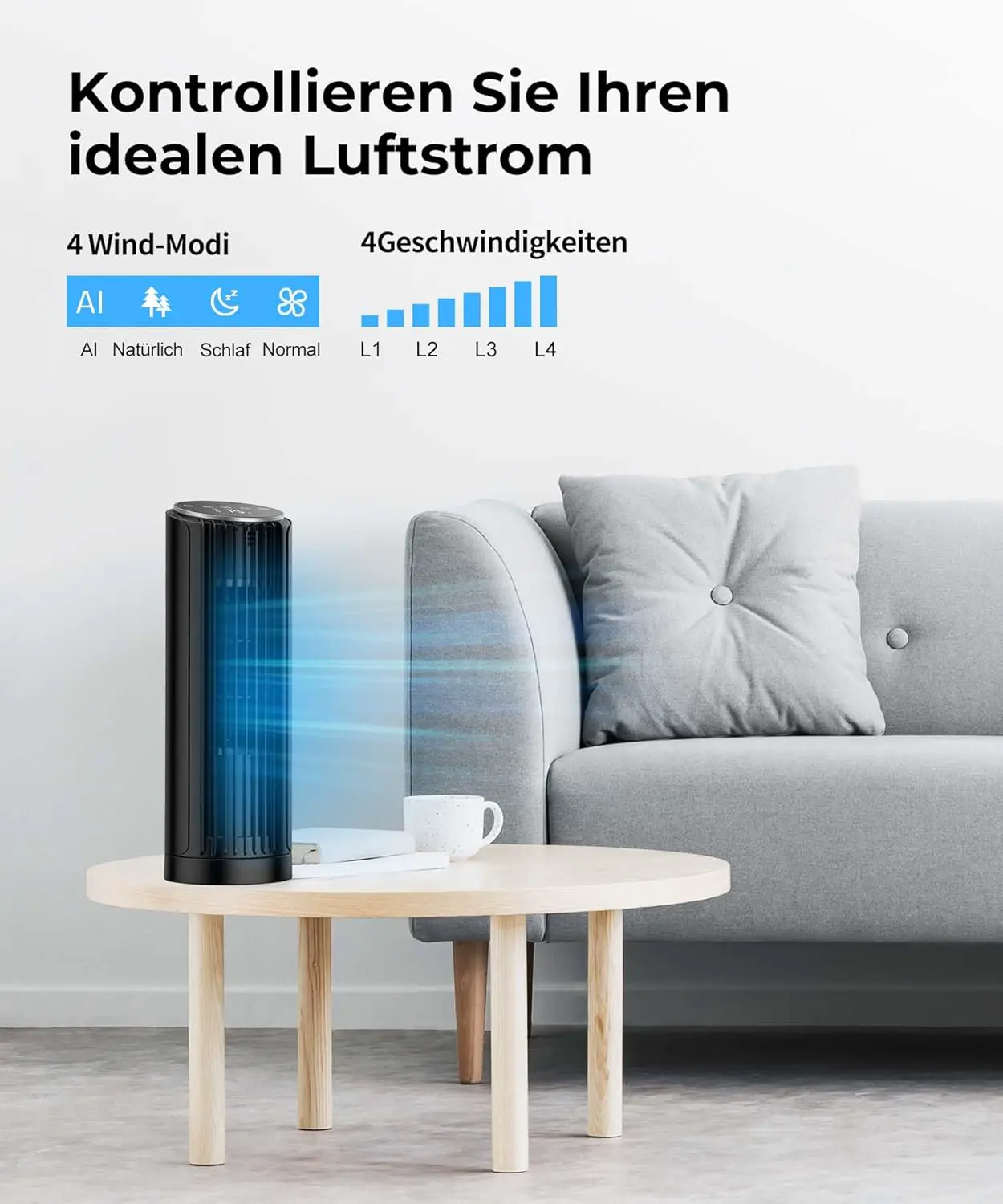 PNTCK Turmventilator mit Fernbedienung, 33cm ventilator leise mit 4 Modi,4 Geschwindigkeiten, 70°Oszillierender, tischventilator, 12-Std-Timer, LED-Anzeige, Automatikbetrieb, 24dB Leiser vue 2