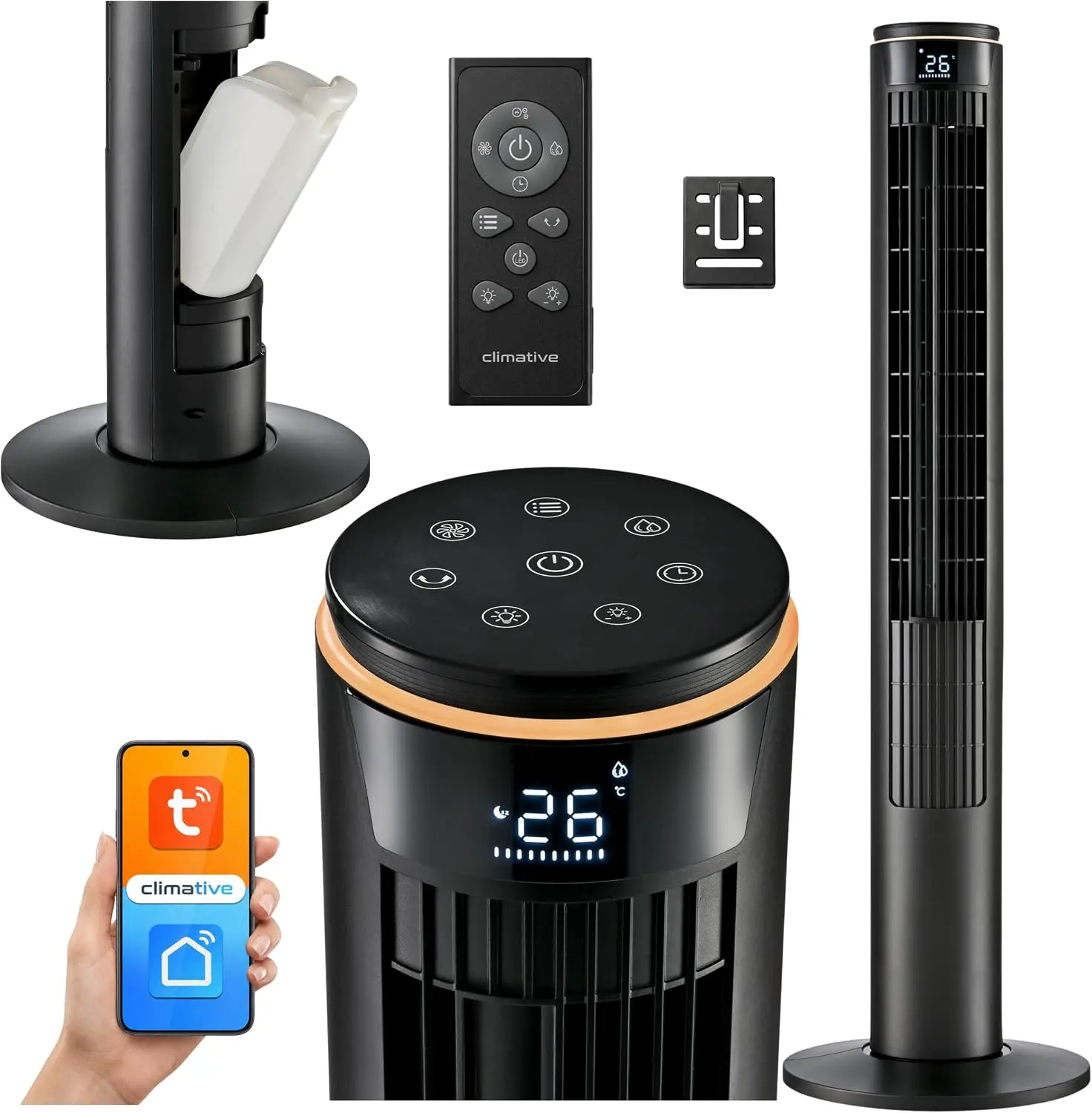 Turmventilator 107cm WiFi App, Luftkühler, Ventilator mit Sprühnebel, DC-Motor, 7,5 m/s Wind,Ionisator, Nachtlicht, Oszillation, Standventilator sehr leise, Tower Fan vue 1