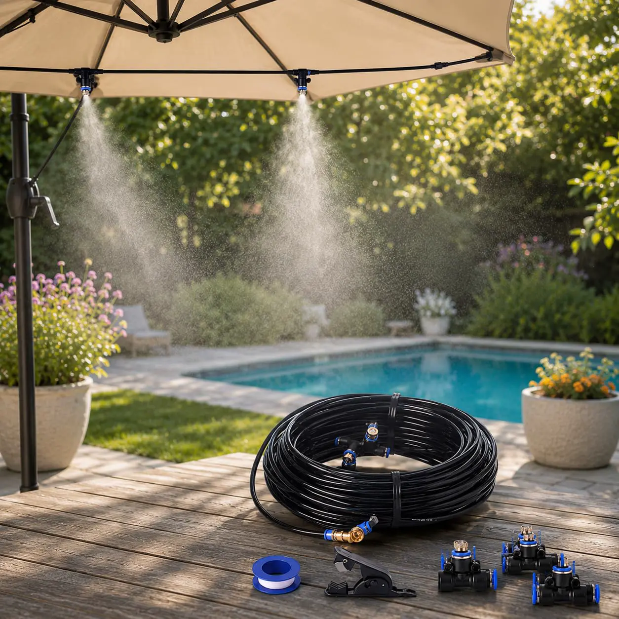 20 m Outdoor-Spray – Mikro-Tröpfchen Kühlsystem für Terrasse, Pergola, Patio, Gewächshaus und Garten vue 1