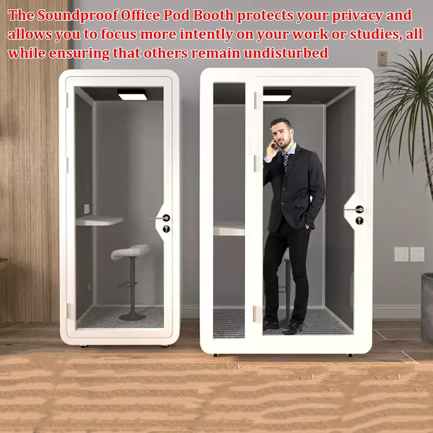 Schalldichte Büro-Pod-Kabine mit Tür aus gehärtetem Glas, LED-Leuchten und Ventilator für private Meetings und Studium vue 6
