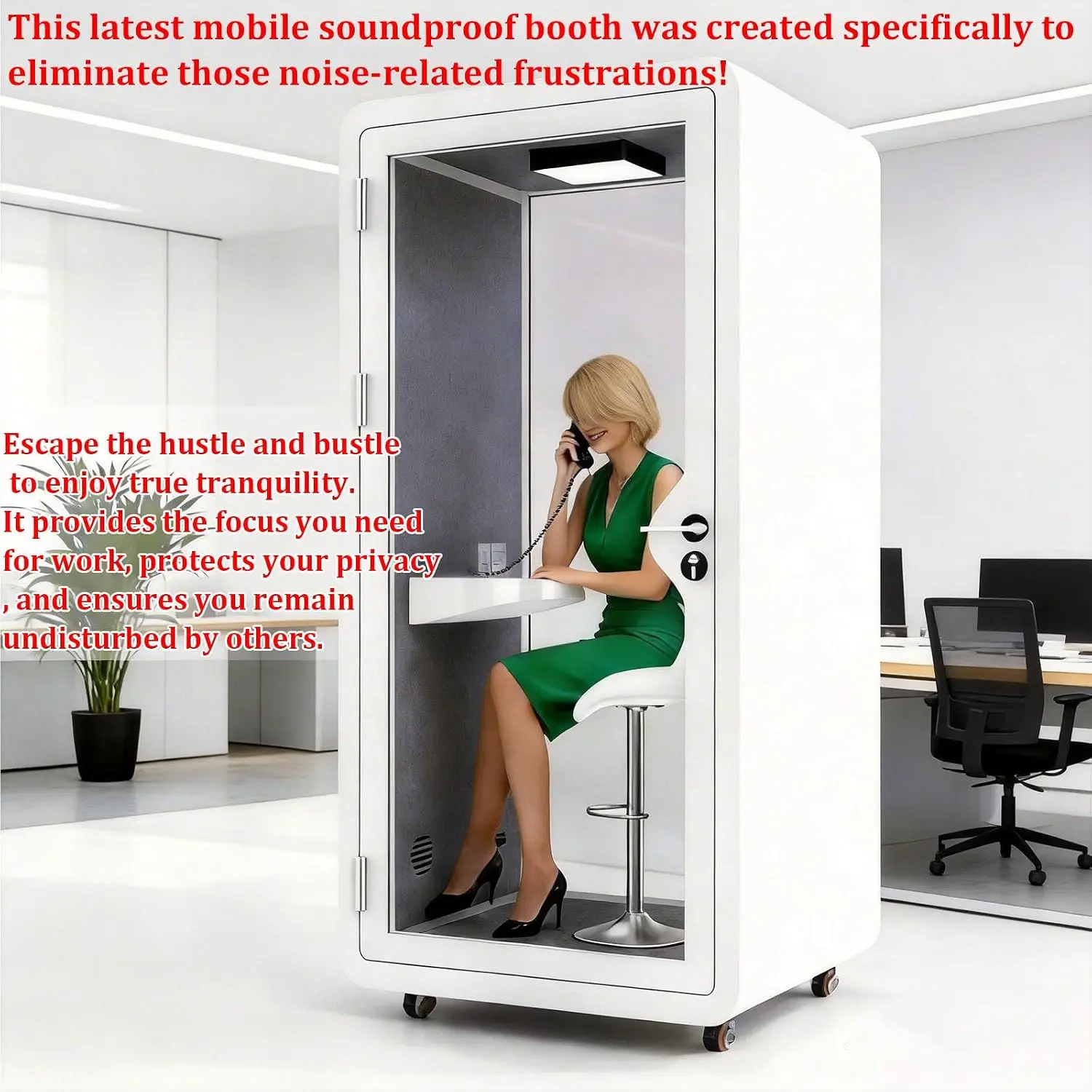 Schalldichte Büro-Pod-Kabine mit Tür aus gehärtetem Glas, LED-Leuchten und Ventilator für private Meetings und Studium vue 8