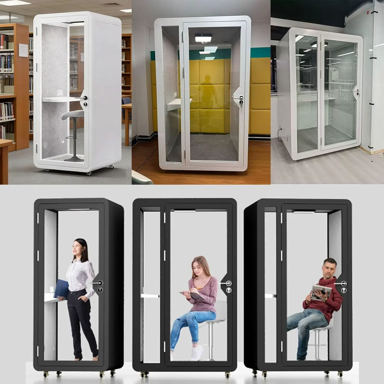 Schalldichte Büro-Pod-Kabine mit Tür aus gehärtetem Glas, LED-Leuchten und Ventilator für private Meetings und Studium vue 14