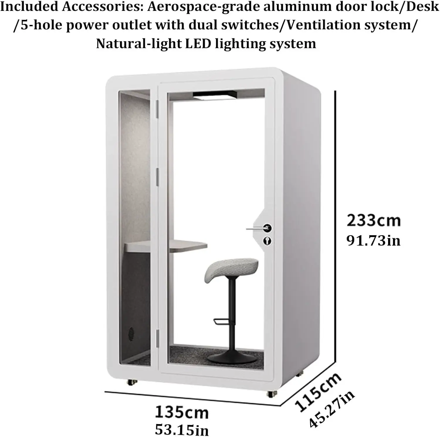Schalldichte Büro-Pod-Kabine mit Tür aus gehärtetem Glas, LED-Leuchten und Ventilator für private Meetings und Studium vue 4