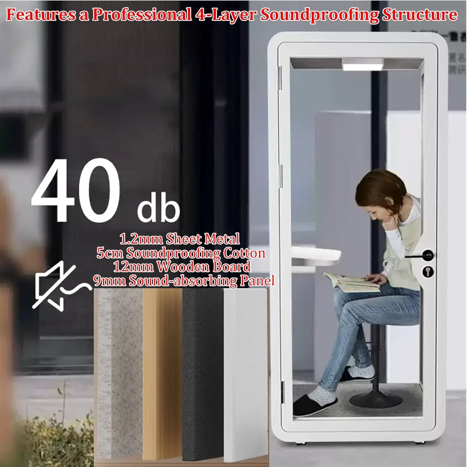 Schalldichte Büro-Pod-Kabine mit Tür aus gehärtetem Glas, LED-Leuchten und Ventilator für private Meetings und Studium vue 10