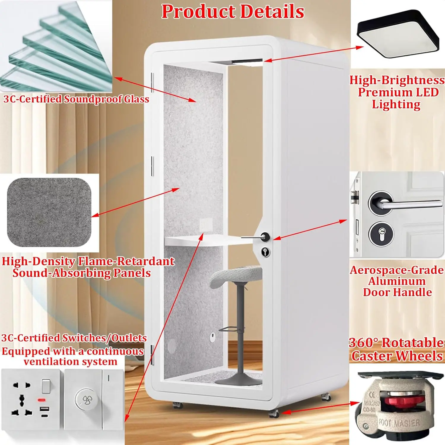 Schalldichte Büro-Pod-Kabine mit Tür aus gehärtetem Glas, LED-Leuchten und Ventilator für private Meetings und Studium vue 12