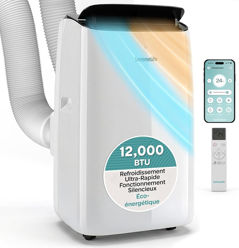 SereneLife Mobile Inverter Klimaanlage A+++ 12000 BTU Doppelschlauch - 4 in 1 Kühlung Heizung Entfeuchtung Lüftung Auto-Swing WiFi Ultra Leise 44-49 dB mit Fenster-Kit vue 1