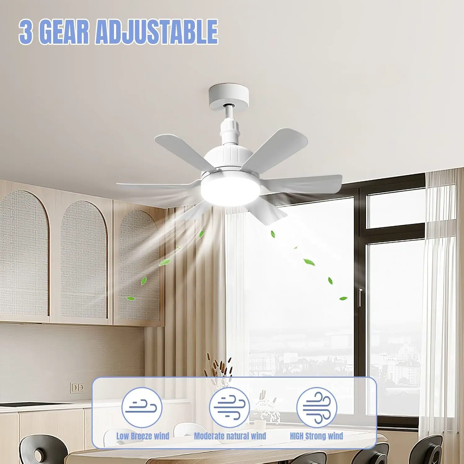 Deckenventilator mit Licht und Fernbedienung, 46 cm, LED, Deckenventilator, dimmbar, E27, integrierte Lampe, 3 Geschwindigkeiten, Timer, leise, für Schlafzimmer, Wohnzimmer und Küche (6 Flügel) vue 6